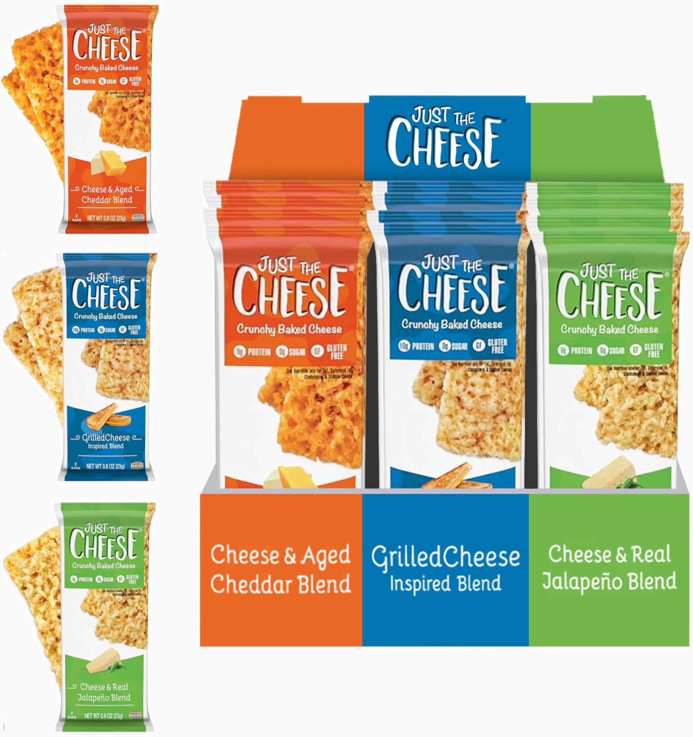 Just The Cheese Bars, Crunchy Baked Low Carb Snack Bars. 100% Natural Cheese. High Protein and Gluten Free, Variety Box (12 Two-Bar Packs)