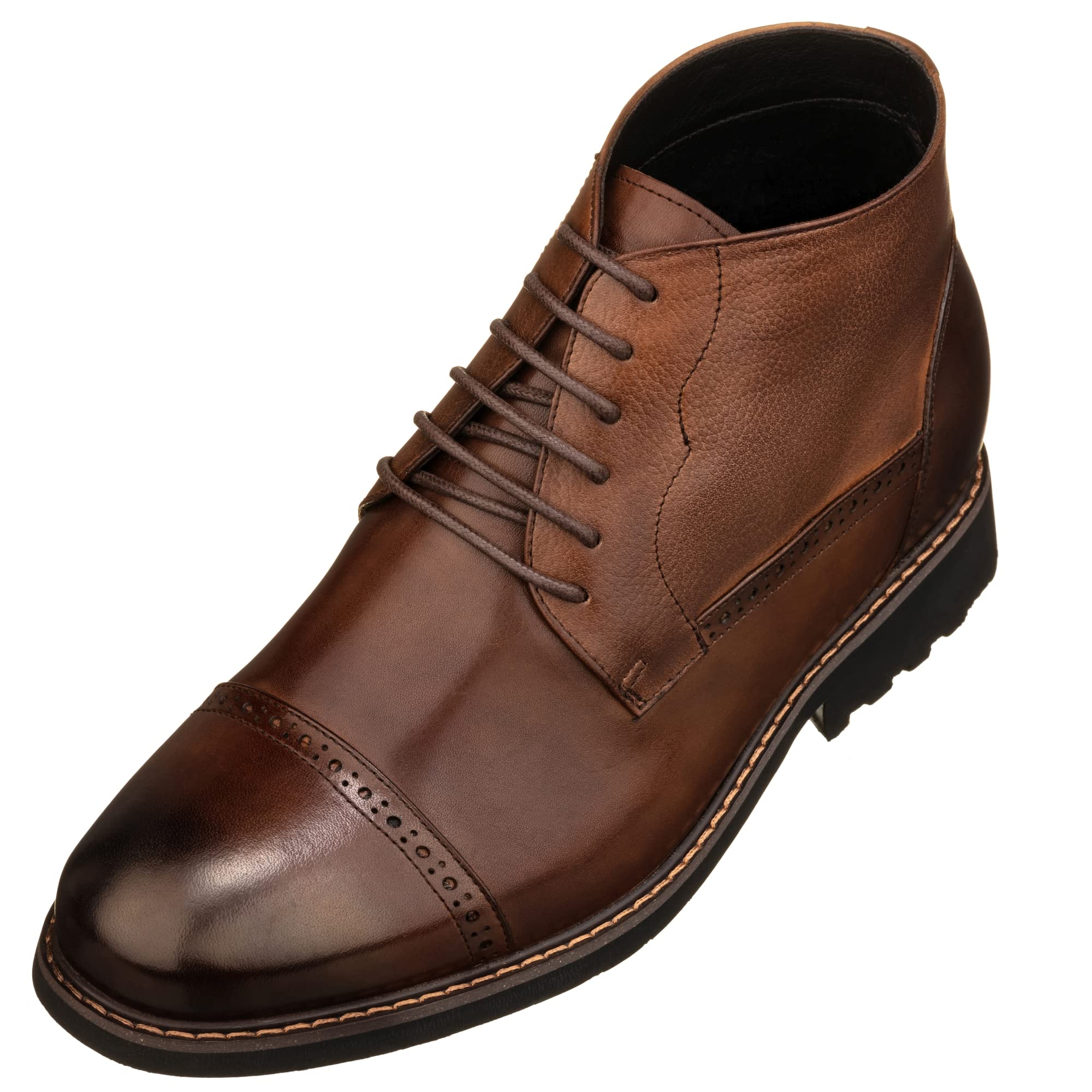 CALTO Men's Invisible Height Increasing Elevator Shoes - Coffee Brown Leather Lace-up Cap-toe Boots with Inner Faux Fur - 3.2 Inches Taller - Y41084 -