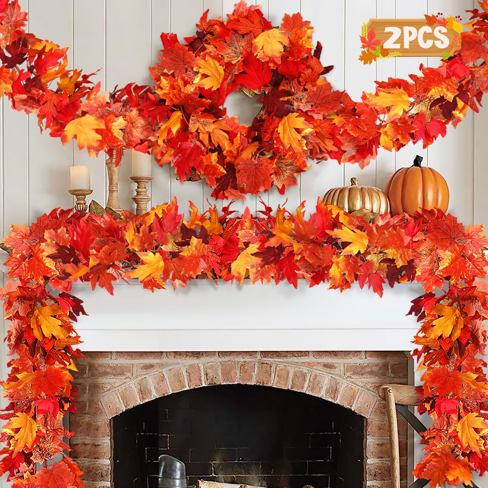 20ft Fall Leaves Garland With Lights (2 Pack) - Autumn Halloween Thanksgiving Decor For Mantle, Door, Porch