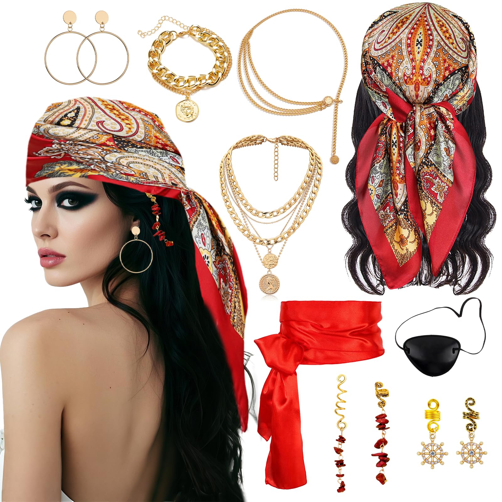 10 Pcs Pirate Costume Accessory Set for Women, Pirate Role Play Outfit with Headscarf Waist Belt Necklace Bracelets Eye Mask Earrings for Halloween Party, Masquerade, Stage Performance, Pirate Party