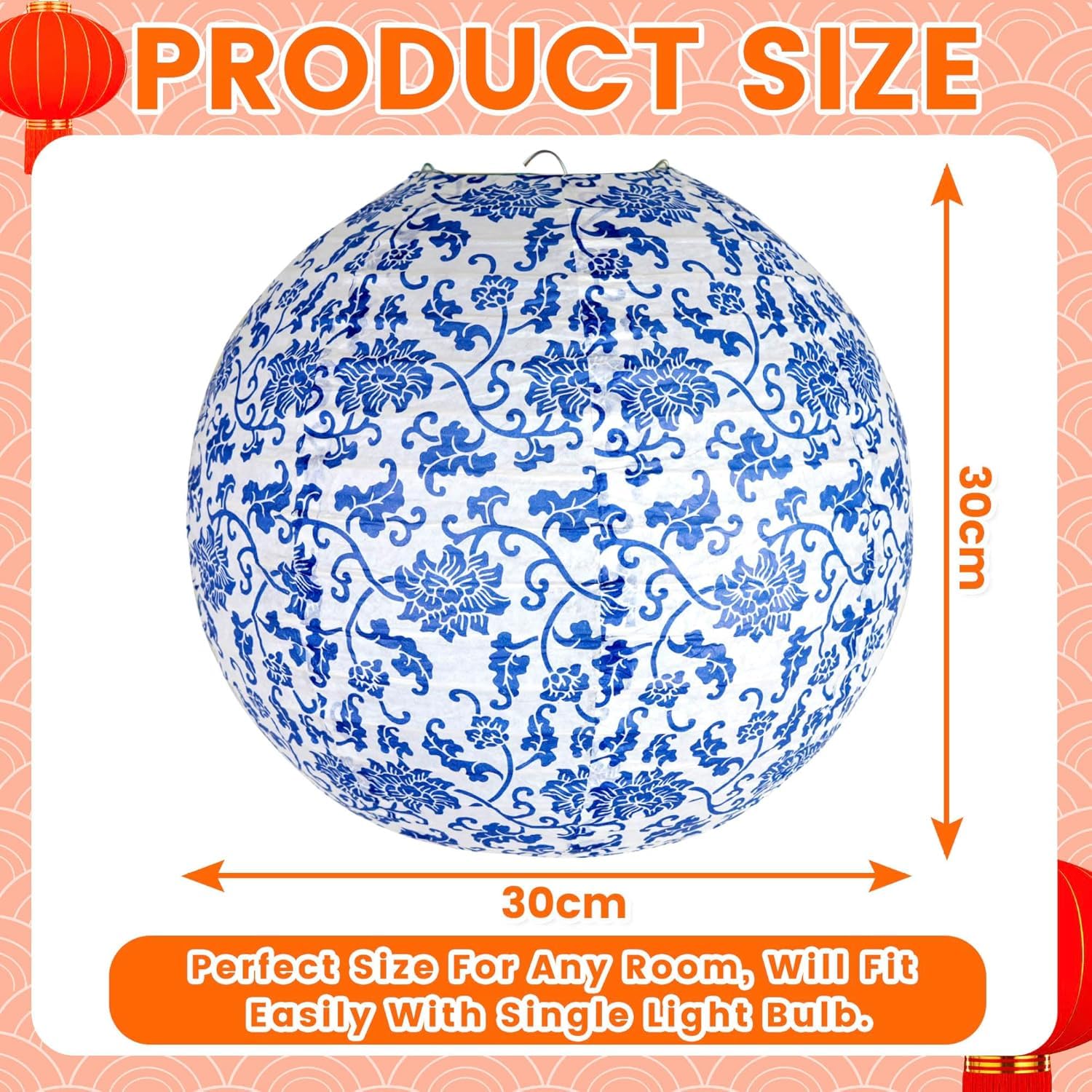 2pc Paper Lampshade Hanging Light Shade 30cm, Oriental Ribbed Japanese Ceiling Fixture with Cherry Blossom & Floral Patterns - Image 4