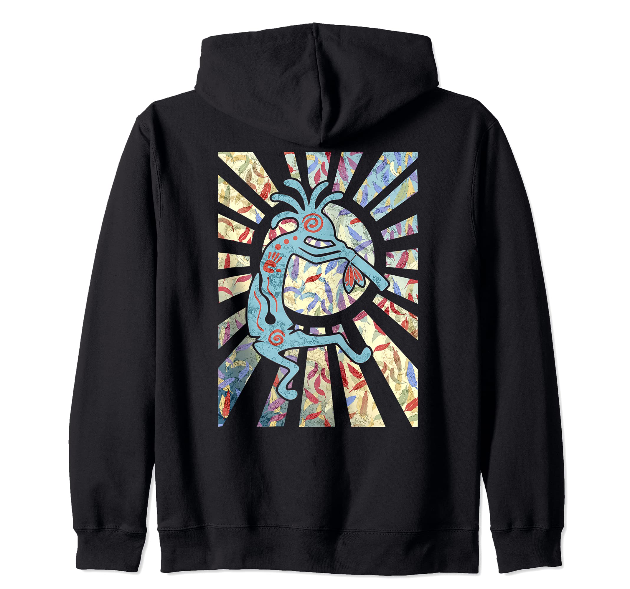 Kokopelli Musican Friend - Feathers Pattern 1 - Fan Fun Zip Hoodie, Black