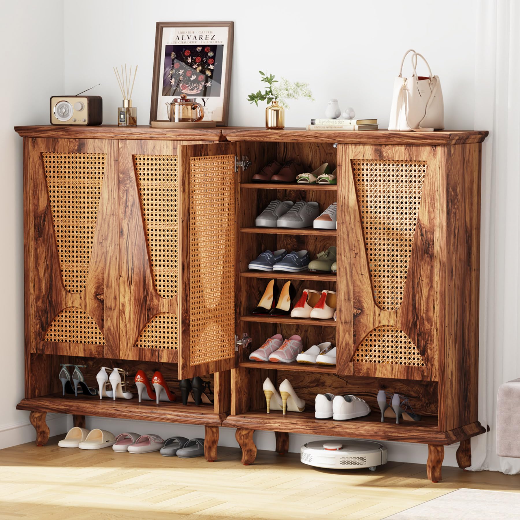 Tribesigns Rattan-Schuhschrank mit 2 Türen, 75x 37x 110cm, Schuhkipper schmal,7-stöckig Schuhregal für 25 Paar Schuhe Regal für Eingang, Flurschrank,Wohnzimmer