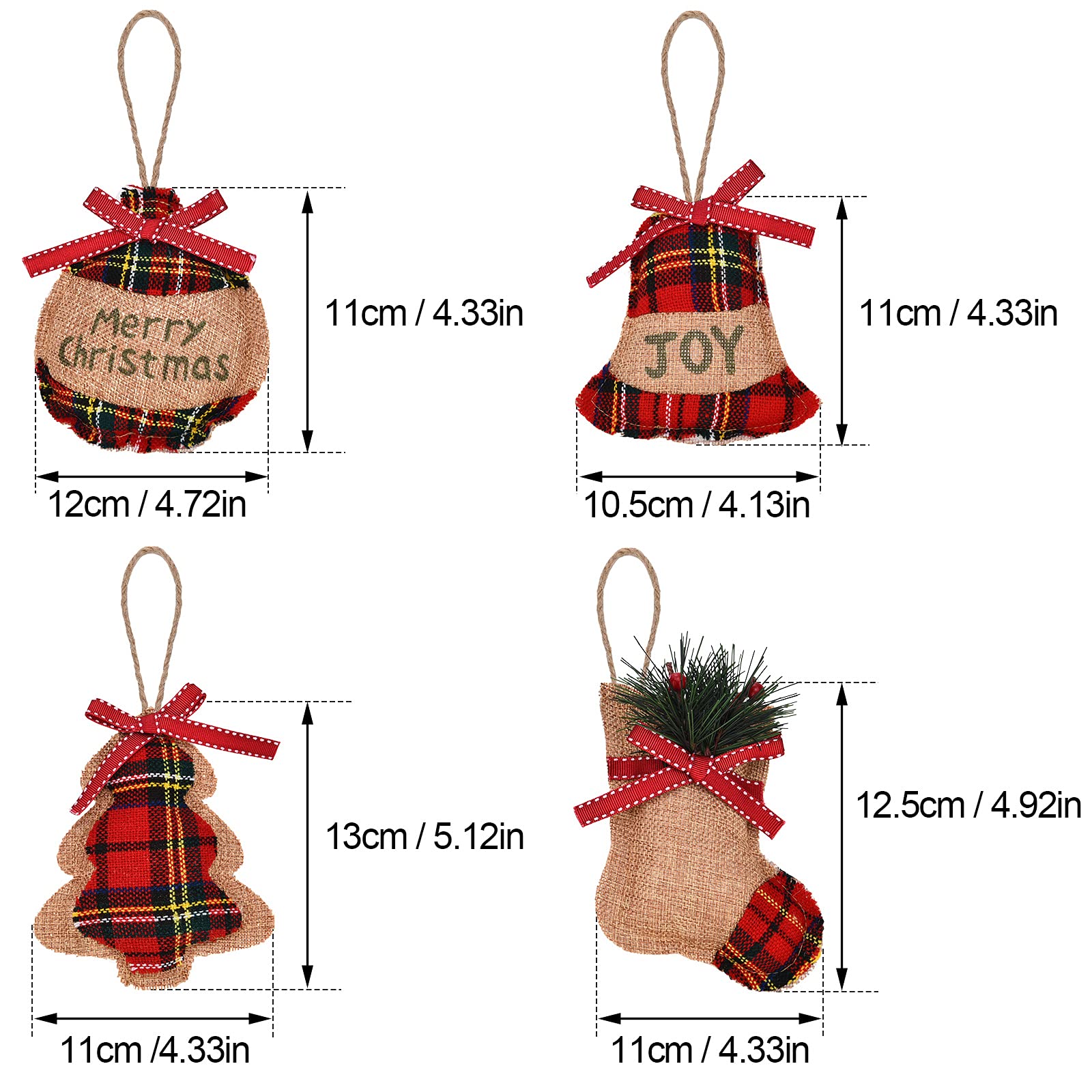 20 Pieces Rustic Christmas Burlap Tree Ornaments Farmhouse Christmas Decorations Red Black Buffalo Plaid Christmas Stocking Tree Ball Shaped Hanging Decoration for Holiday Xmas Party