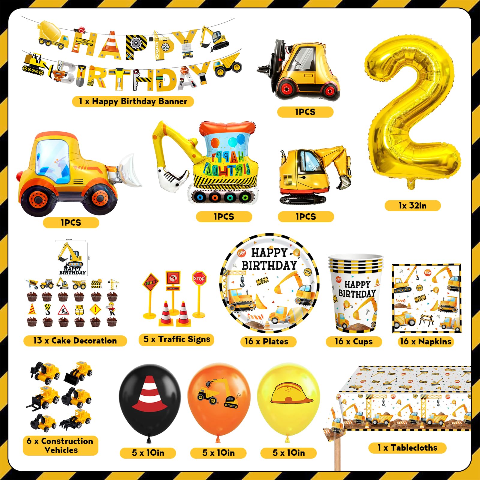 Bagger Deko Kindergeburtstag 2 Jahre, Bagger Baustelle Partygeschirr mit Luftballons Pappteller Tischdecke Tortendeko für Geburtstag Junge Mädchen 2 Jahre, 16 Gäste - 2