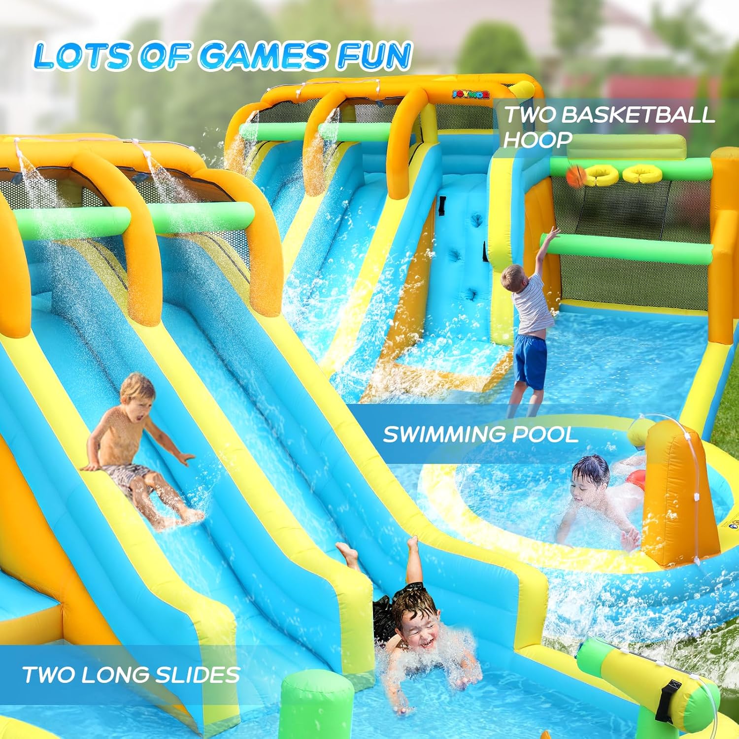 (2026 New) JOYMOR 11-in-1 Inflatable Water Slide for Kids Backyard w/ 2 Waterslide, 2 Basketball Hoop, Pool, Climbing Wall, Water Blasters, 1min Blow Up Water Slides Park w/ 750w Blower, Storage Bag