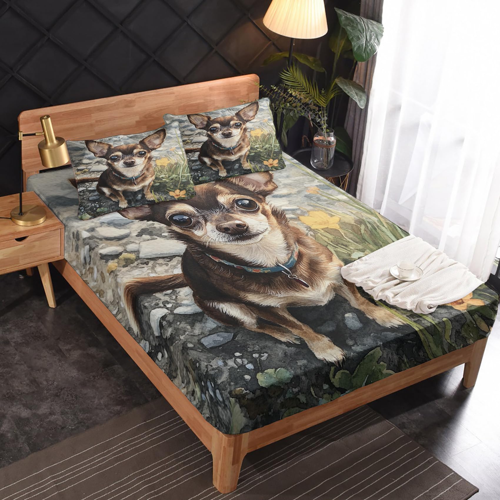 Zvynqour Chihuahua Sheets California King Size - Cute Dog Bed Sheets - Deep Pocket Fitted Sheets & Flat Sheets & Pillowcases 4 Piece Set - Puppy Bedding & Decor - Soft Cosy Microfibe