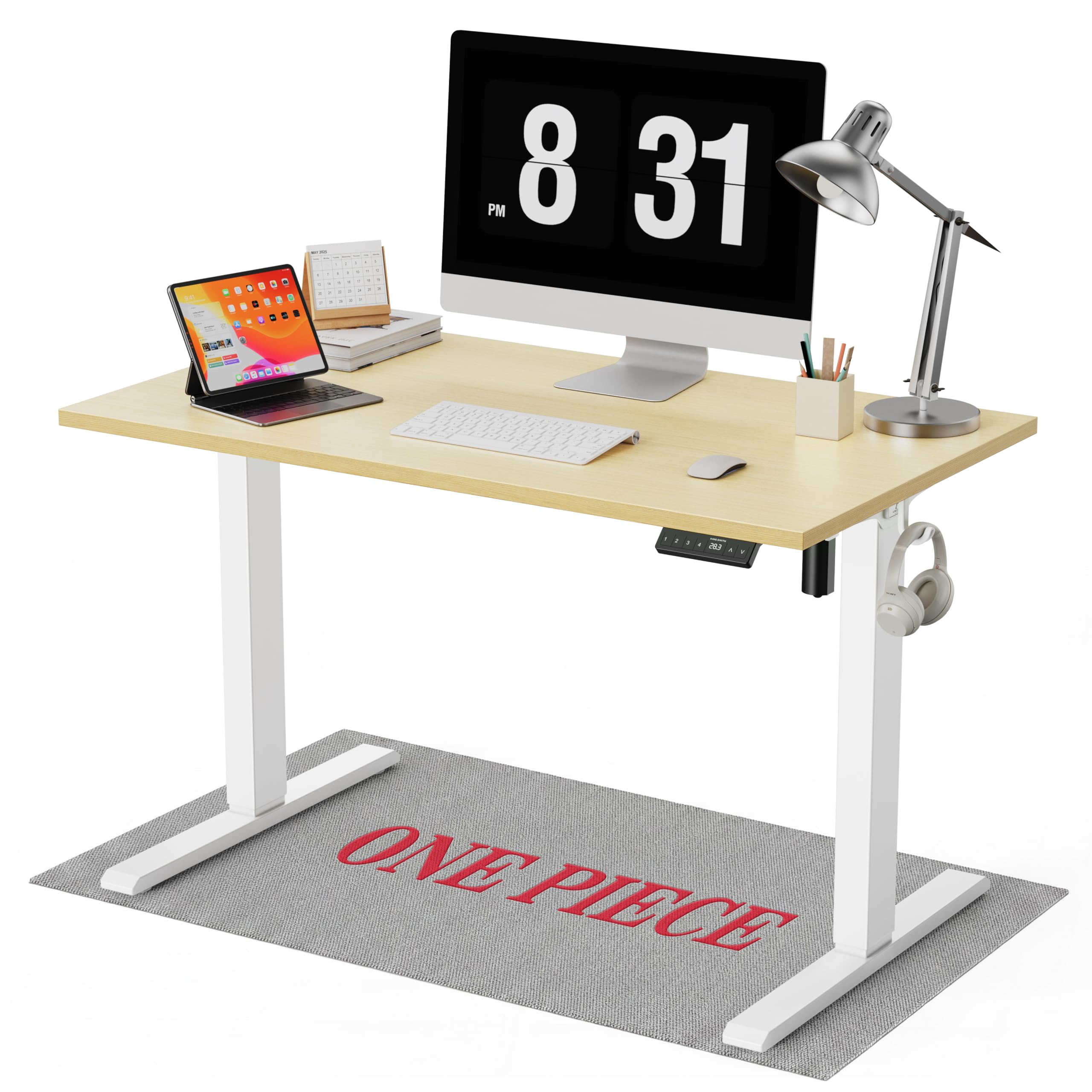 WALKINGDESK ONE PIECE Electric Standing Desk, 100 x 60 cm Height Adjustable Desk with Hooks, Computer Desk with 4 Memory Smart Pannel, Ergonomic Sit Stand Table for Home Office, Oak
