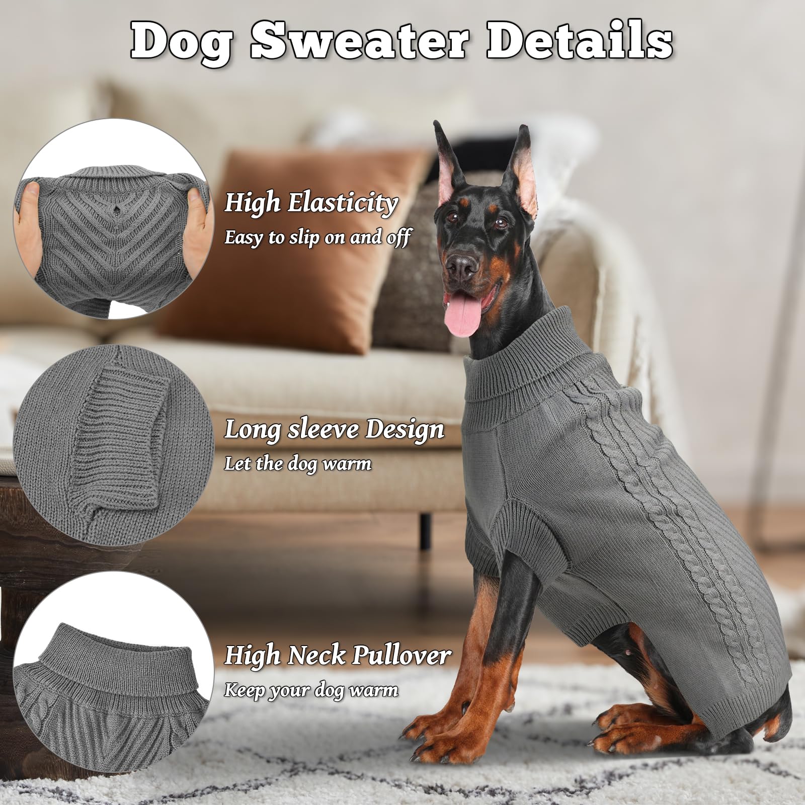 Suéter para perro grande, suéter de cuello alto, suéter de punto térmico para otoño e invierno, suéter cálido de manga larga para perros medianos y grandes (gris, S)