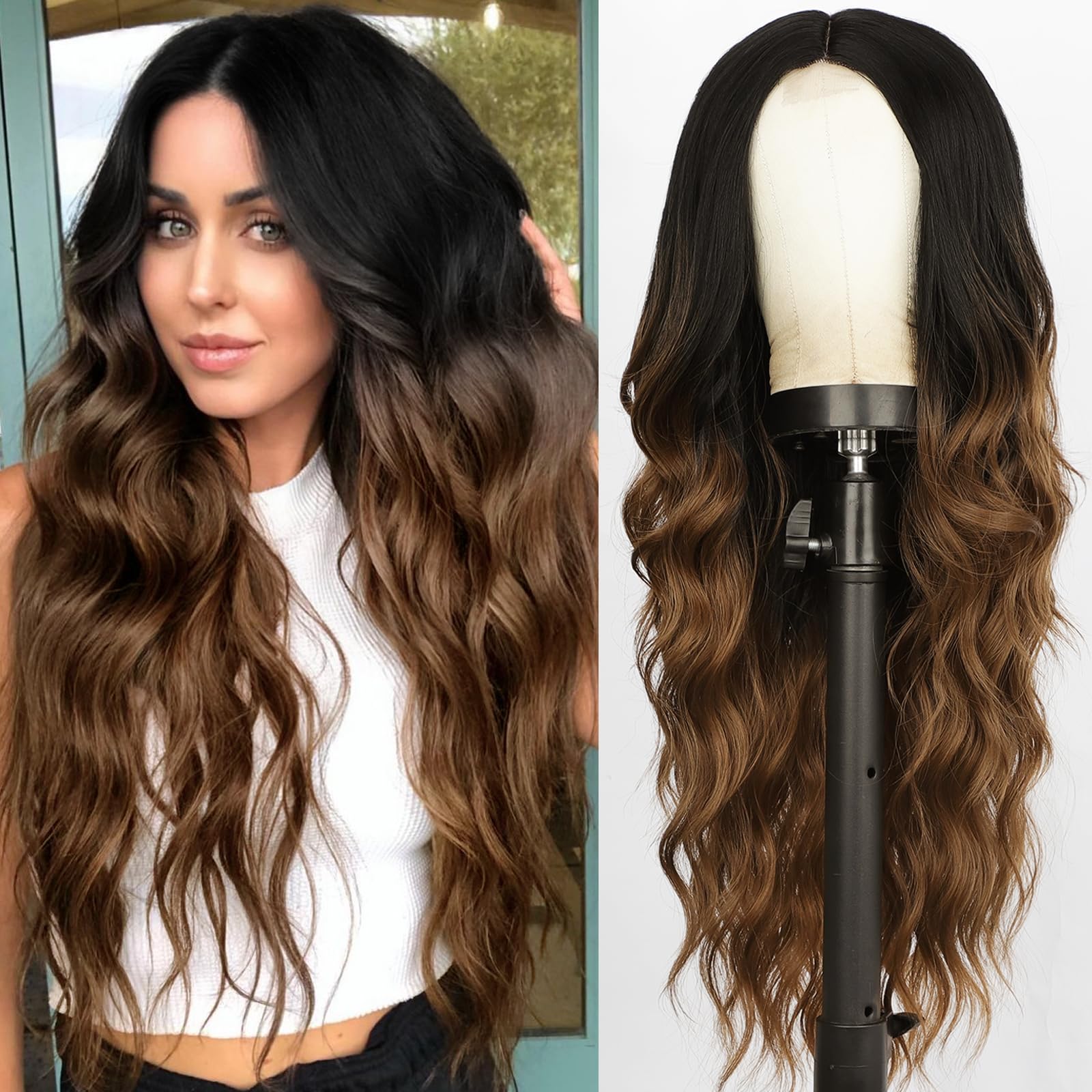 XIXIBI Long Black to Brown Wigs for Women, Long Ombre Brown Curly Wavy Wig,Natural Looking Middle Part Synthetic Wig for Daily Part Use 26 INCH