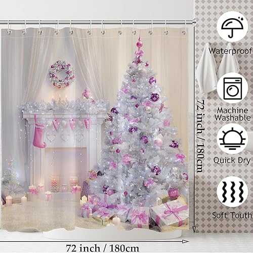 Miniatura 6 de LB Cortina de ducha con diseño de árboles de Navidad cubiertos por bolas rosas, regalos para chimenea, cortina de ducha, ganchos de invierno para
