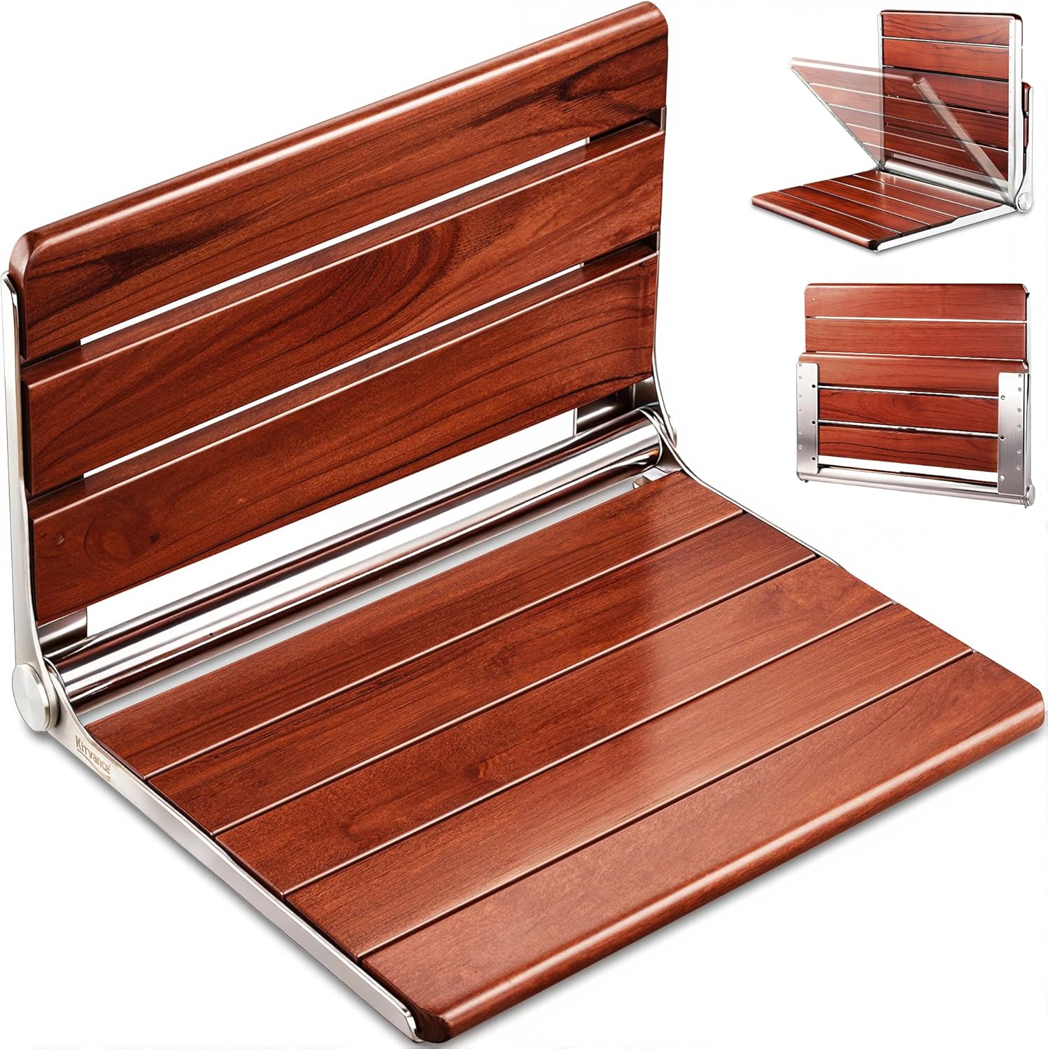 Upgraded 20" ADA Compliant Folding Teak Shower Seat - Wall Mounted 400lb Bench, Anti-Slip Teak Stool for Seniors & Mobility