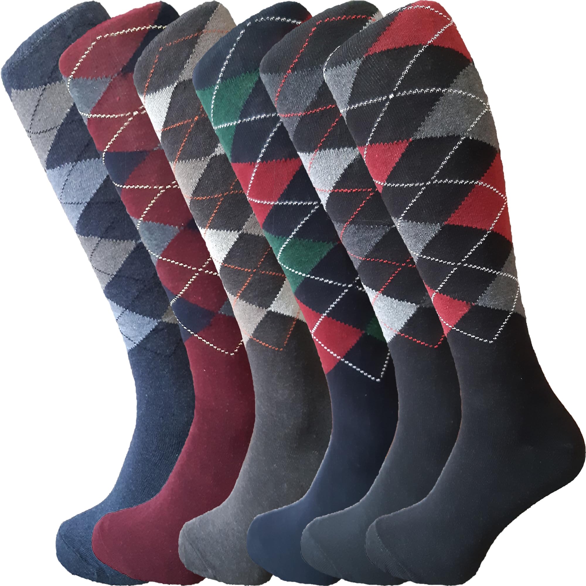 ZombaFlo Mens Knee High Socks - Breathable & Cotton Rich Everyday Long Socks Mens | Argyle Design Long Socks 6-11 UK (Argyle 6 Pairs)