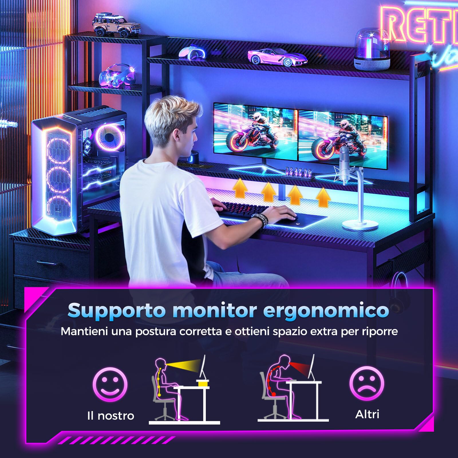 Coleshome Scrivania Gaming con Libreria e Cassetti, Tavolo Gaming con Illuminazione LED & Presa di Corrente, Scrivania Computer con Ripiani di Archiviazione (Nero Fibra di Carbonio, 161×48 cm)