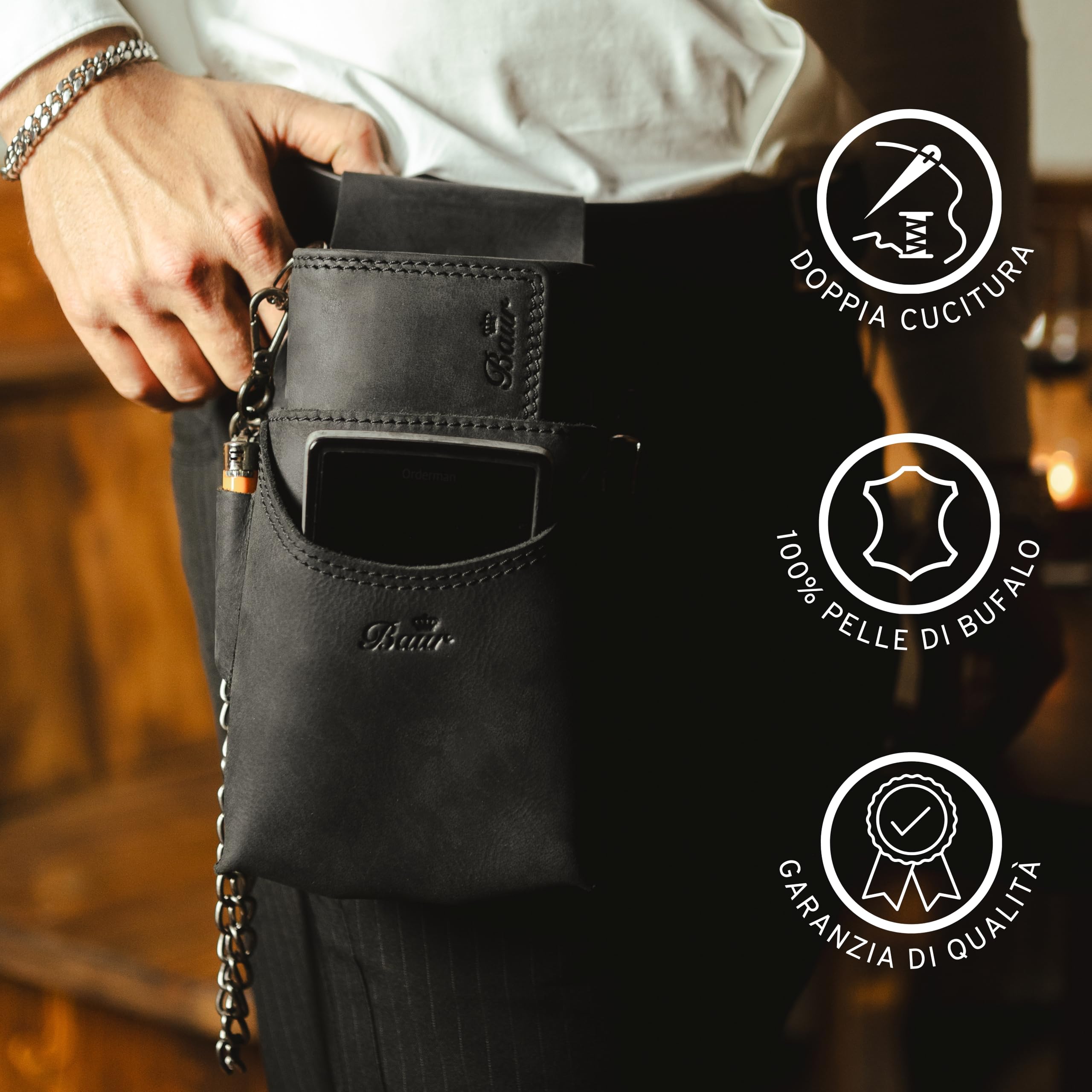 Baur set da cameriere grande in vera pelle di bufalo – portamonete professionale & fondina con catena – portafoglio cassa robusto con fodera in pelle (Set grande con bottone a pressione, Nero)