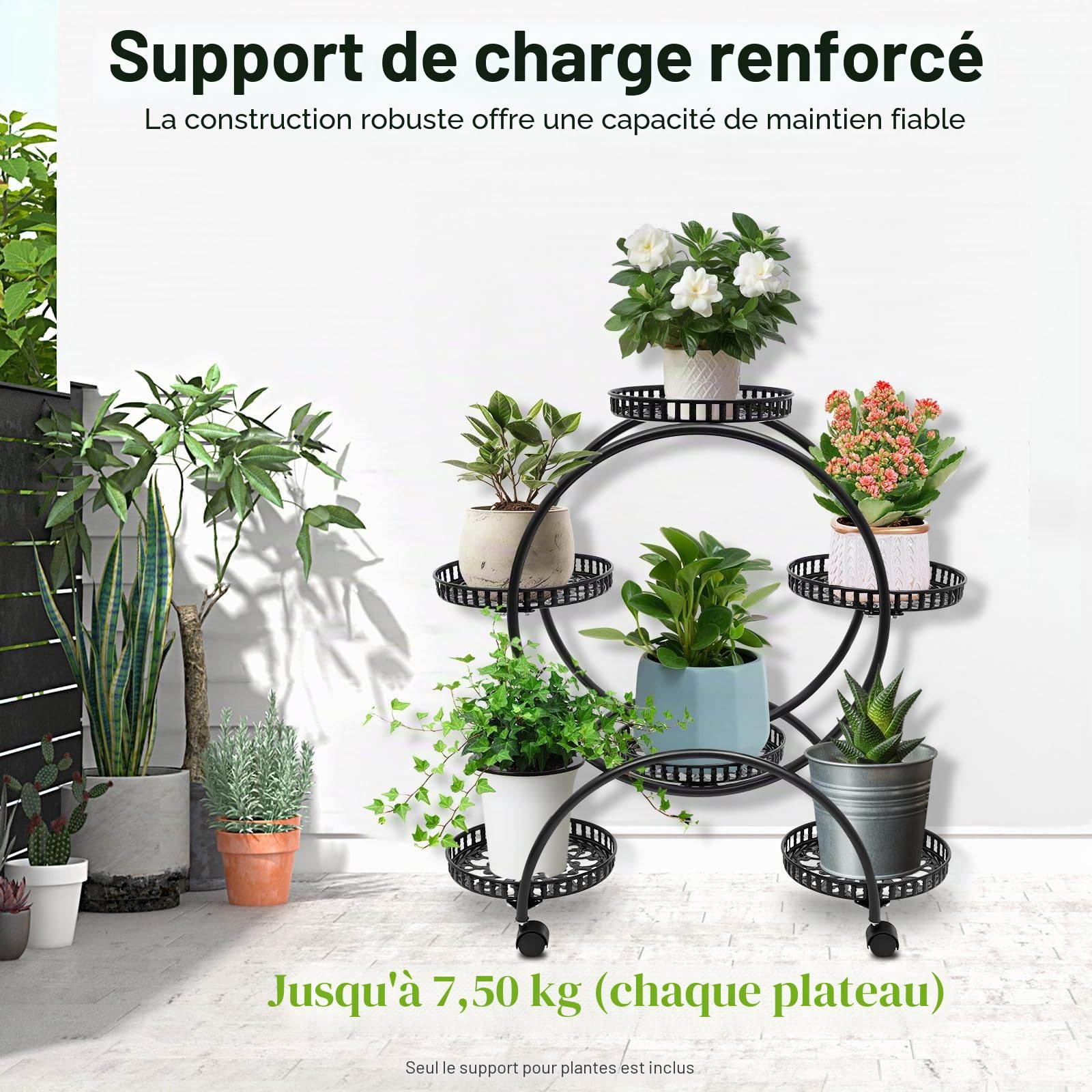Support pour plantes à 4 niveaux et 6 pots de fleurs en métal avec roulettes, étagère pour plantes d'intérieur et d'extérieur pour salon, jardin et balcon