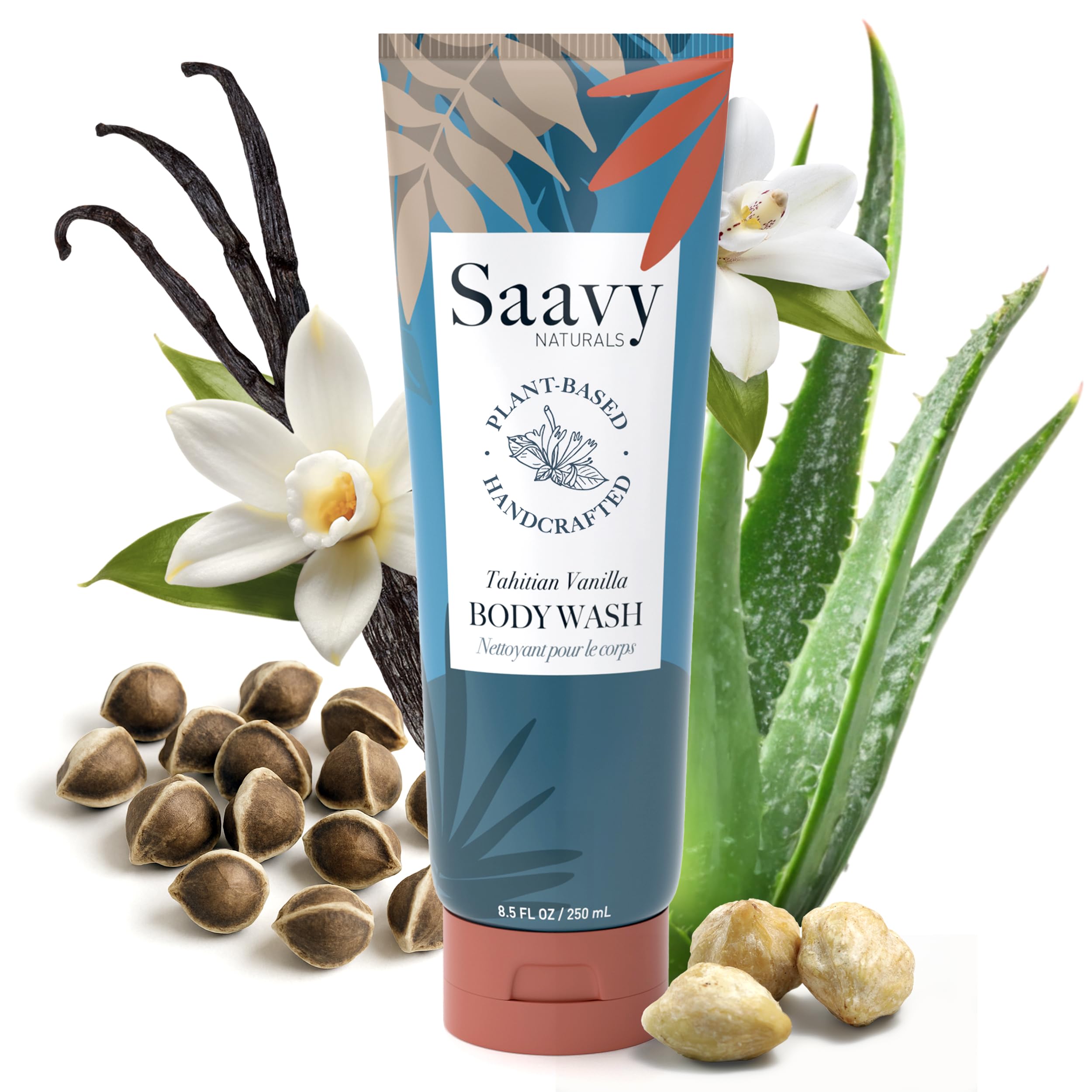 Saavy Naturals Moisturizing Body Wash for Sensitive Skin – Plant-Based & Pure with Coconut Oil, Shea Butter & Aloe Vera – Paraben-Free, Cruelty-Free – Tahitian Vanilla – 8.5 fl oz, 1 pack
