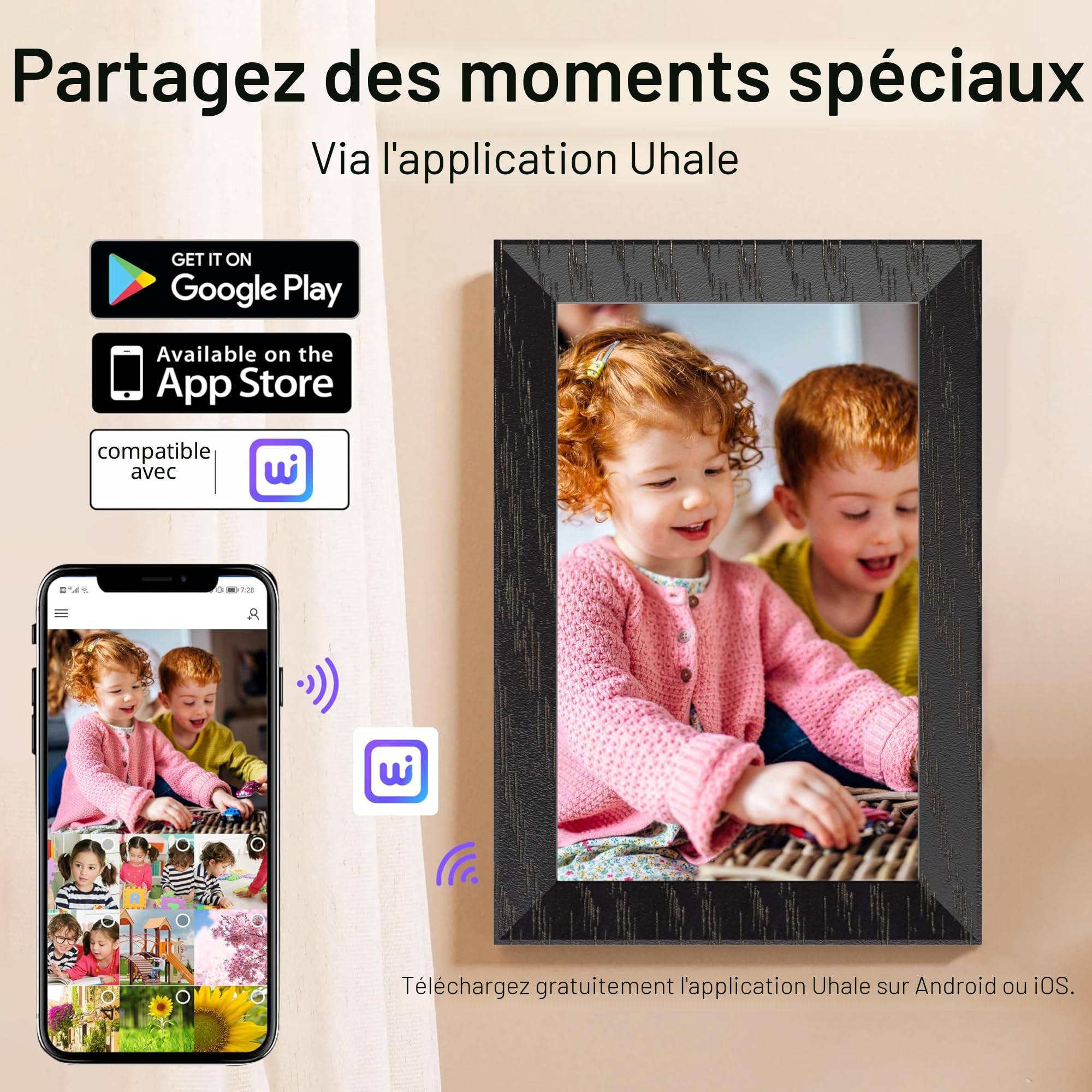 Cadre Photo numérique Wi-FI de 10,1 ", écran Tactile IPS 1280 x 800, Noyer 16G, partagez des Photos ou des vidéos Via l'application Uhale app