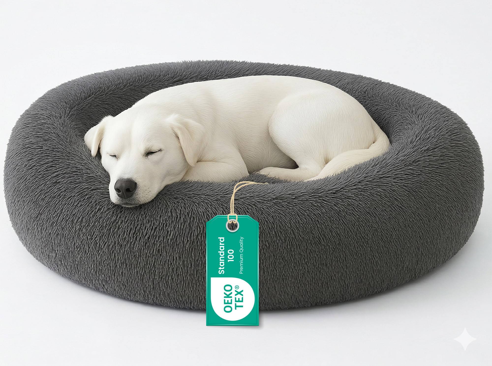 Sunshine Comforts Donut Dog Bed Dark Grey Large 50cm – Calming Plush Round Pet Bed for Dogs & Puppies | Anti-Anxiety Bed, Non-Slip Base, Soft, Machine Washable (Dark Grey, 50cm)
