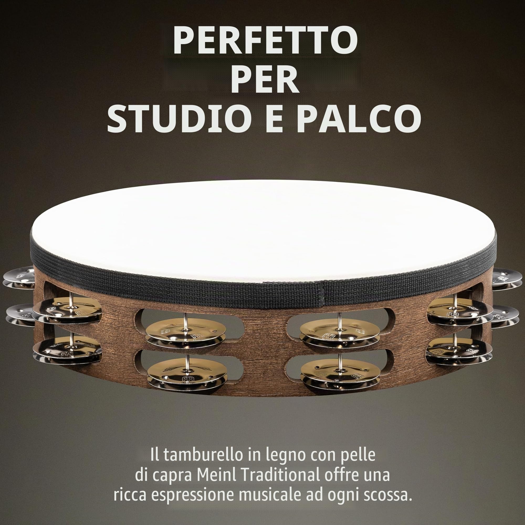 Meinl Percussion - Tamburello Tradizionale con superficie in legno - 2 file, marrone noce (TAH2WB)