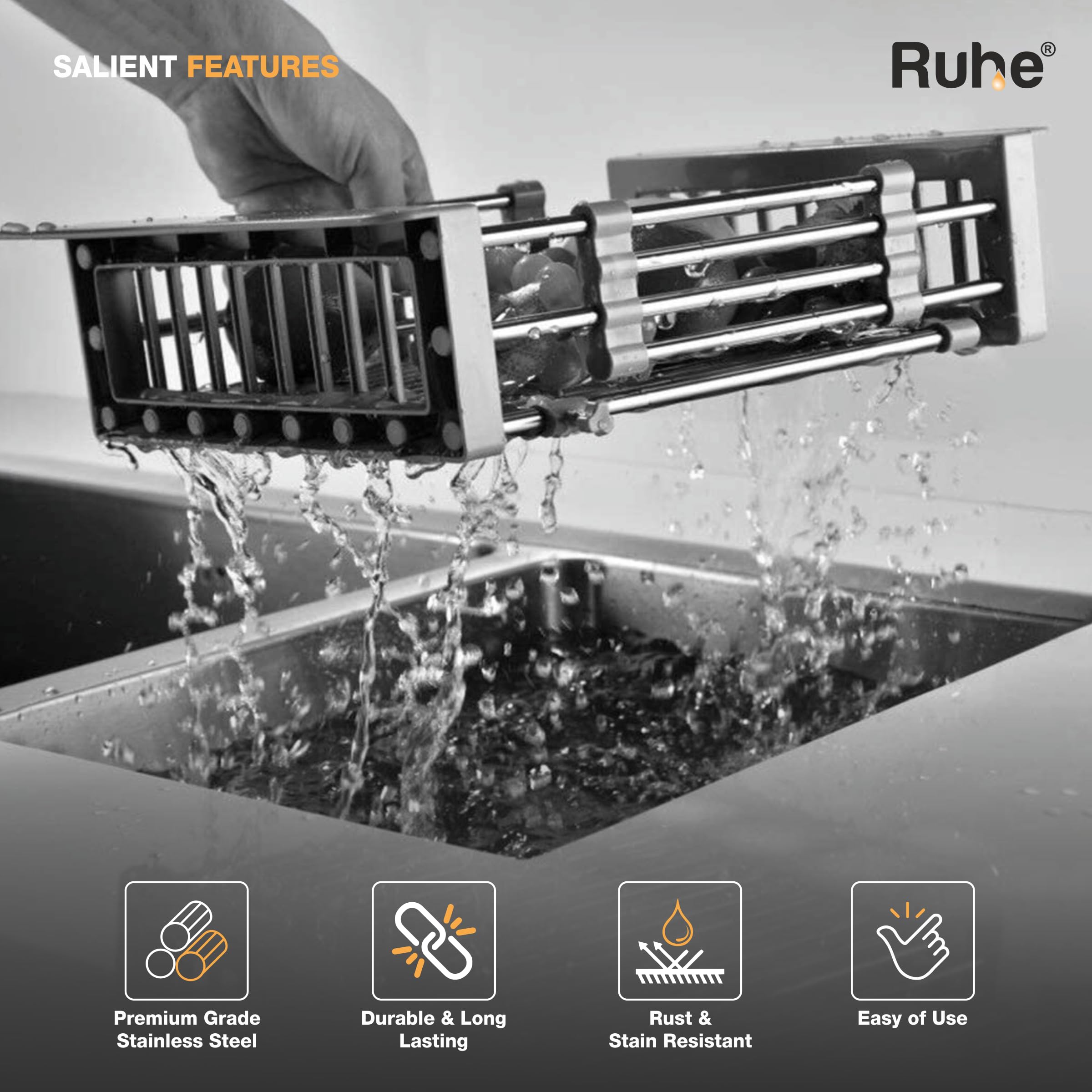 Ruhe® Adjustable Vegetable Drainer Basket | Premium Stainless Steel | Fruits Washing Basket | Adjustable Dish Drainer | Over Sink Strainer | Expandable Up to 50 cm 1