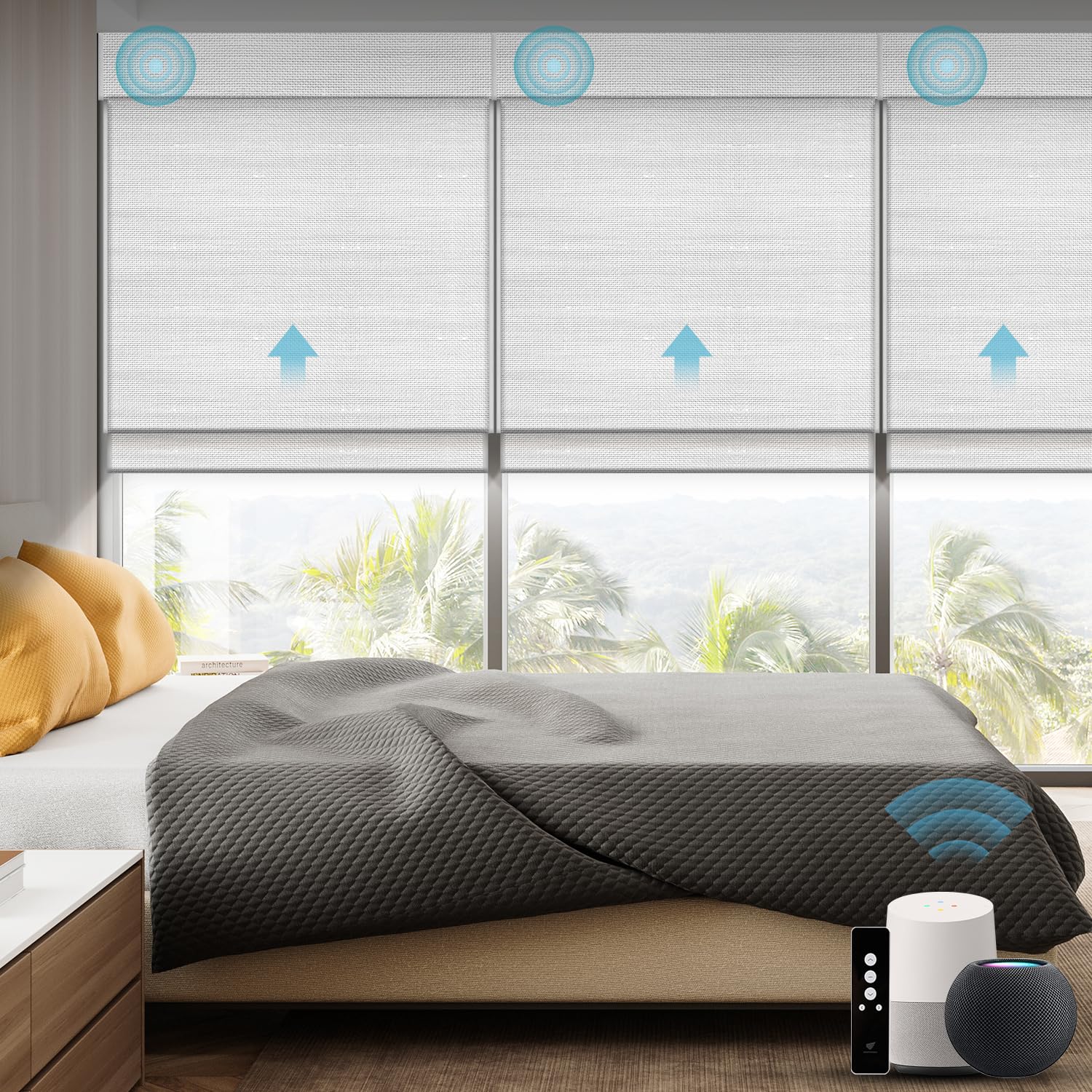 SmartWings Motorized Natural Woven Wood Blinds for Windows, Electric Auto Roman Shades with Remote for Sliding Doors, Compatitable with Alexa/Homekit/Google Home, Customized, Bamboo 702