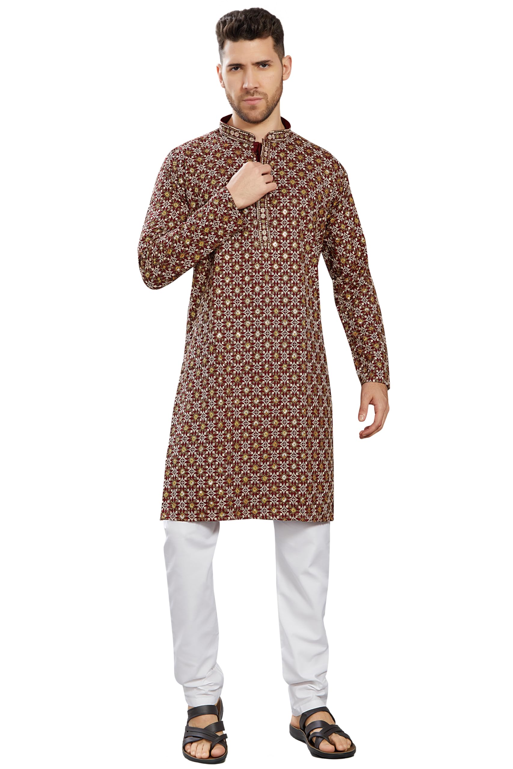 Divisive Men's Sequince Embroidered Cotton Blend Only Slim Fit Kurta (Dkrt752_M_Maroon)