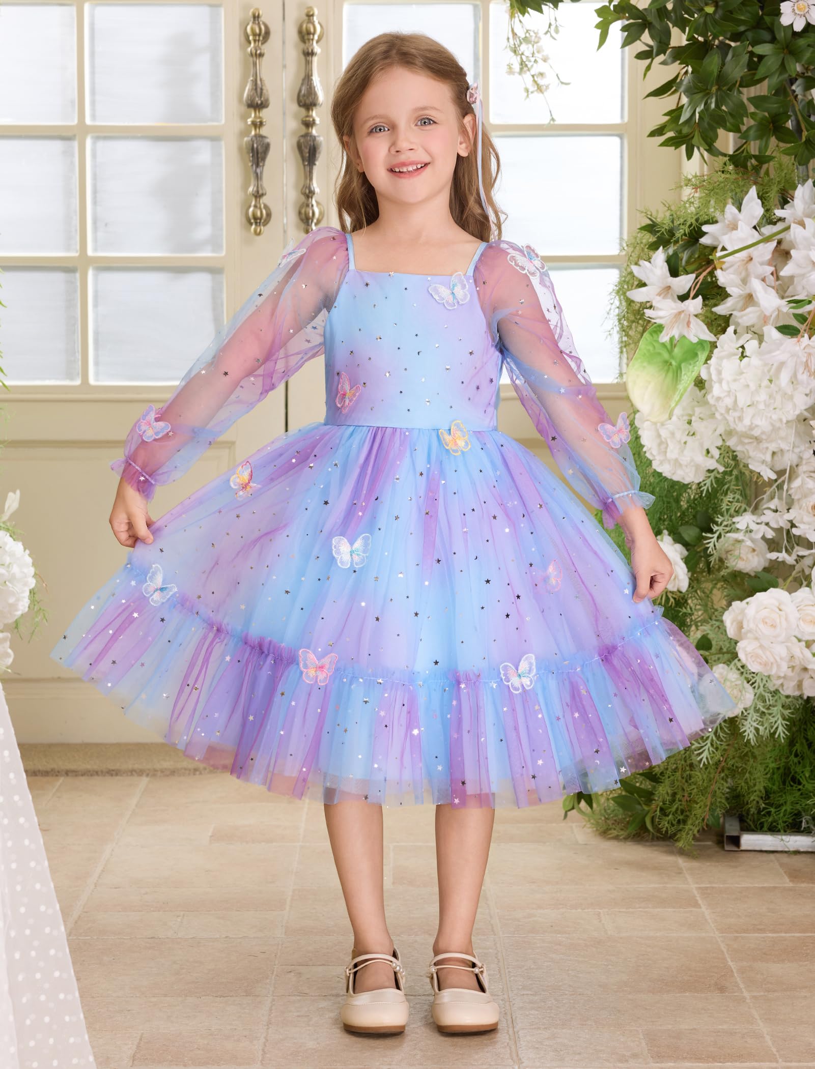 IDOPIP Kleinkind Baby Mädchen Kleider Lange Puffärmel Festzug Mesh Tutu Kleid Säugling Hochzeit Taufe Fotoshooting Tüll Kleid