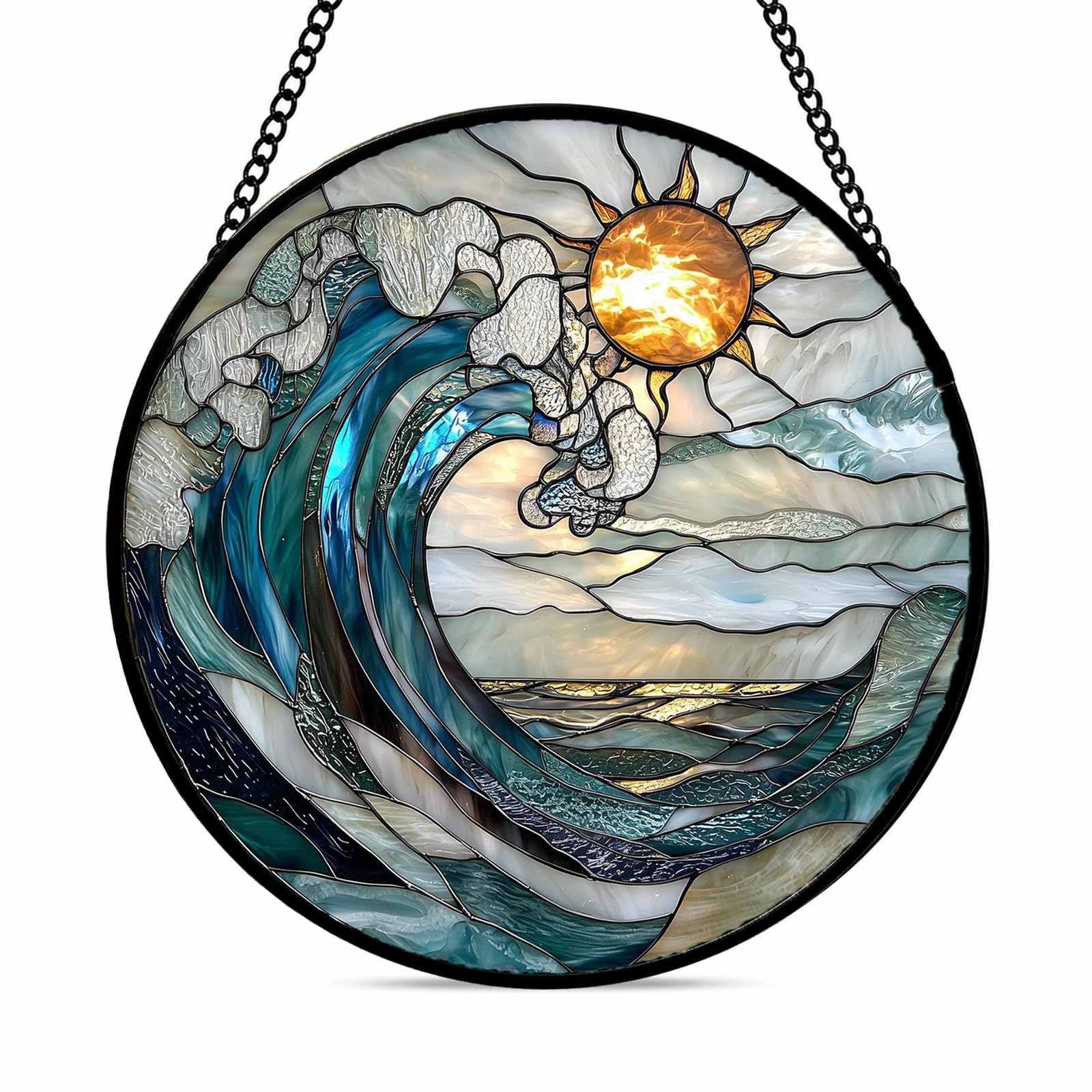 Acrylic Jigsaw Puzzle Suncatcher, Blue and White Waves Sun Catchers for Windows, Landscape Acrylic Suncatcher Puzzle with Frame and Chain, Craft Kit Home Decor Art Gift for Women, Men, 7In