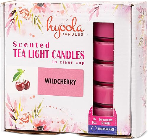 Miniatura 7 de HYOOLA Velas aromáticas de vela  Taza transparente  Velas perfumadas Wildcherry Tealight  6 horas de tiempo de combustión  Paquete de 15  Fabricado