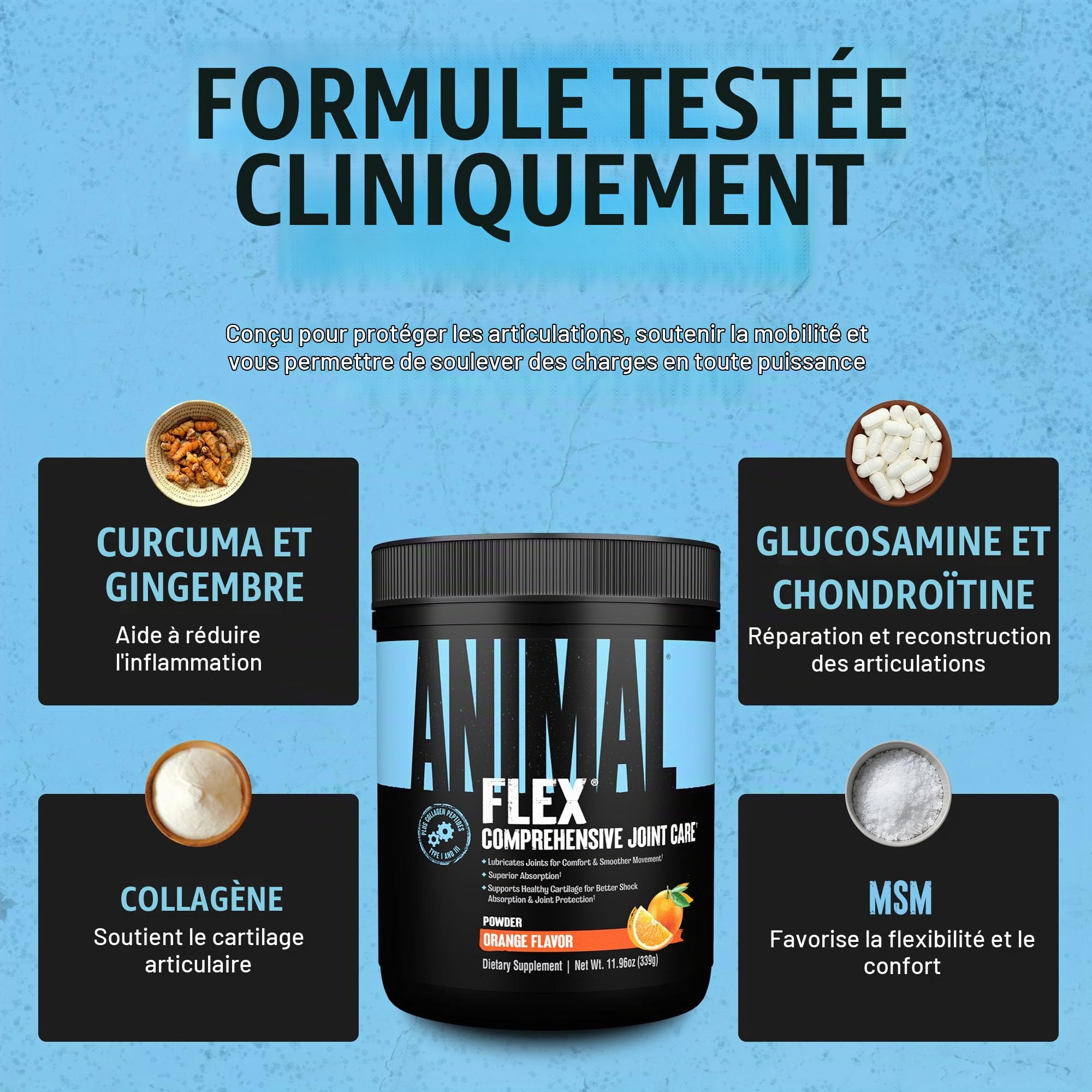 ANIMAL Flex Comprehensive Joint Care Orange - 4 complexes uniques pour les articulations, les os et le cartilage - avec vitamines A et E, glucosamine, huile de lin et acide hyaluronique - 348 g