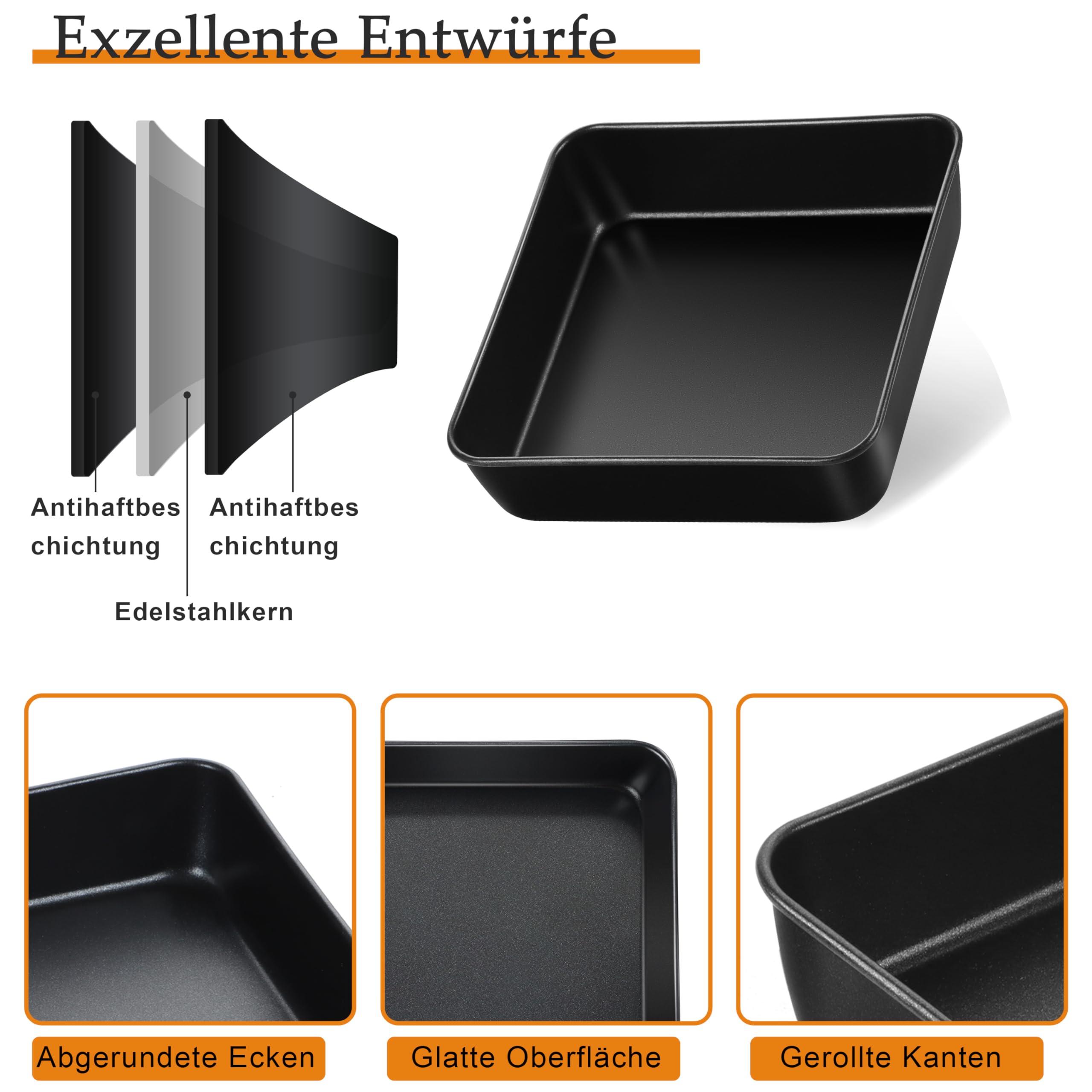 TEAMFAR Set di 2 pirottini quadrati in acciaio inox Brownie con rivestimento antiaderente, perfetti per torte lasagne brownie non tossiche, facili da pulire, 15,9 cm