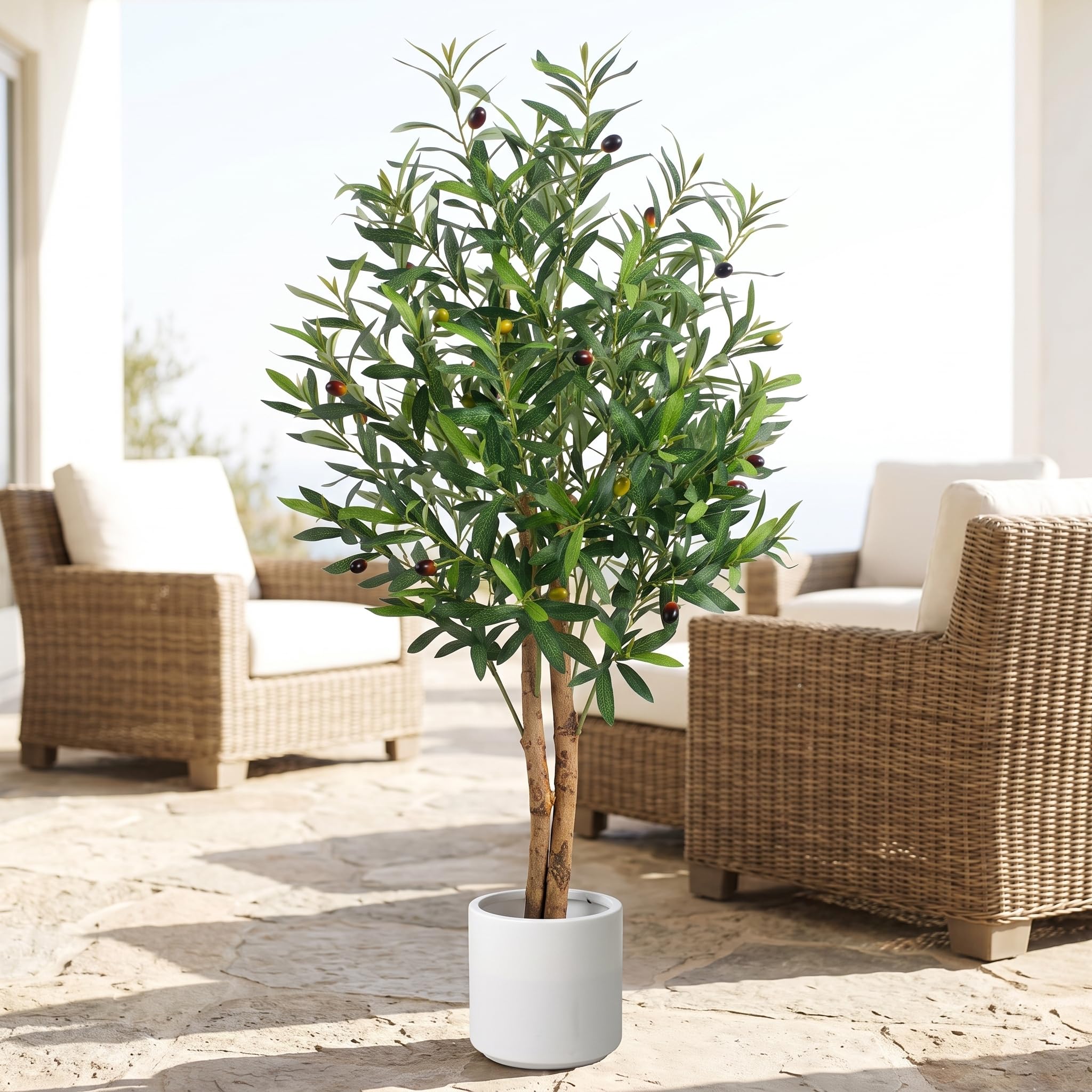 BEAUTYPEAK Künstlicher Olivenbaum 120 cm, Kunstpflanze im weißen Topf | Olive Tree Deko für Wohnzimmer, Büro, Flur und Schlafzimmer, pflegeleicht, Indoor Pflanze mit täuschend echt im Topf