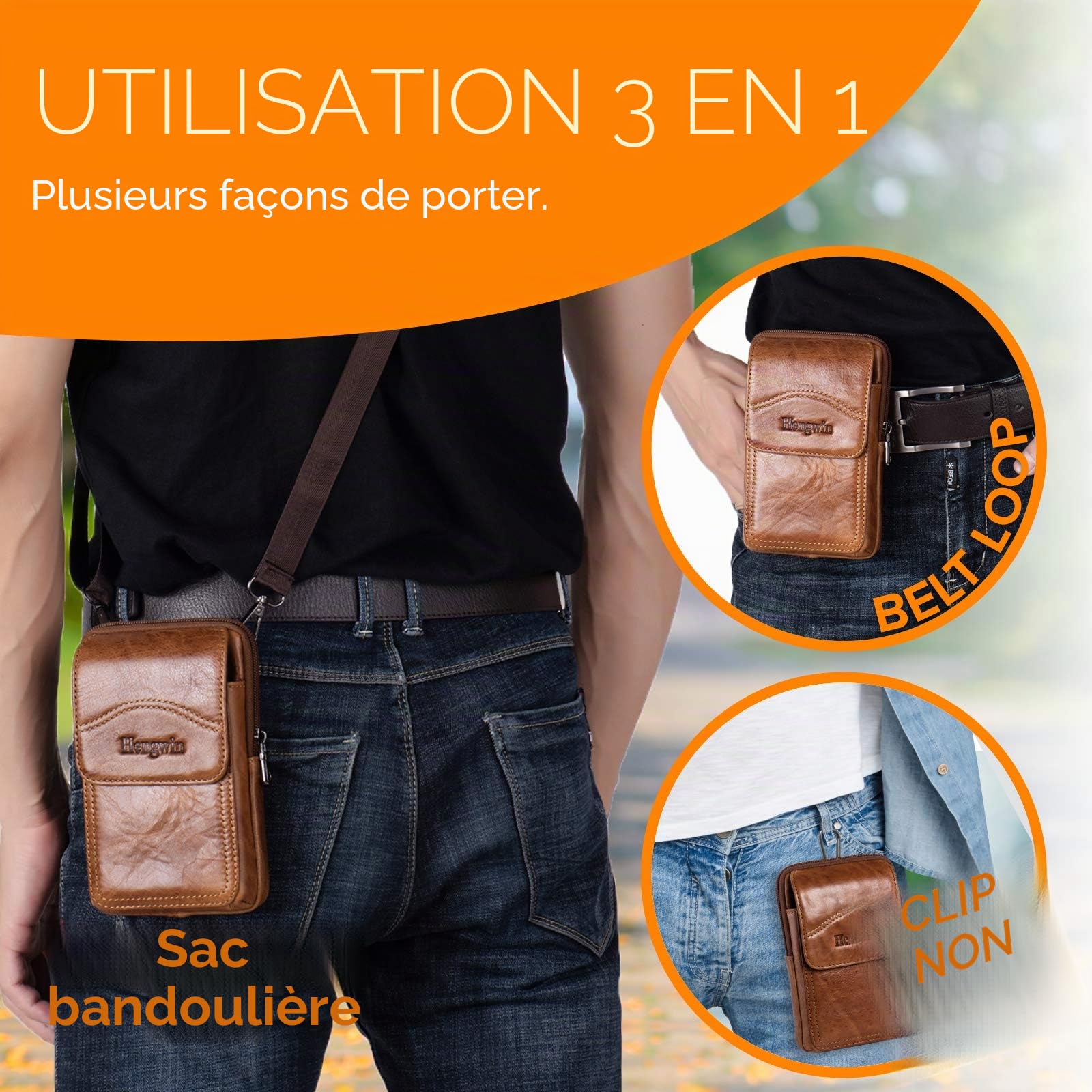 Sac de Ceinture en Cuir véritable Sacs à bandoulière Étui de Support de téléphone Portable pour iPhone 16 15 14 13 12 11 Pro Max Samsung S25 S24 S3 Ultra S25+ Sac de Ceinture (Brun)