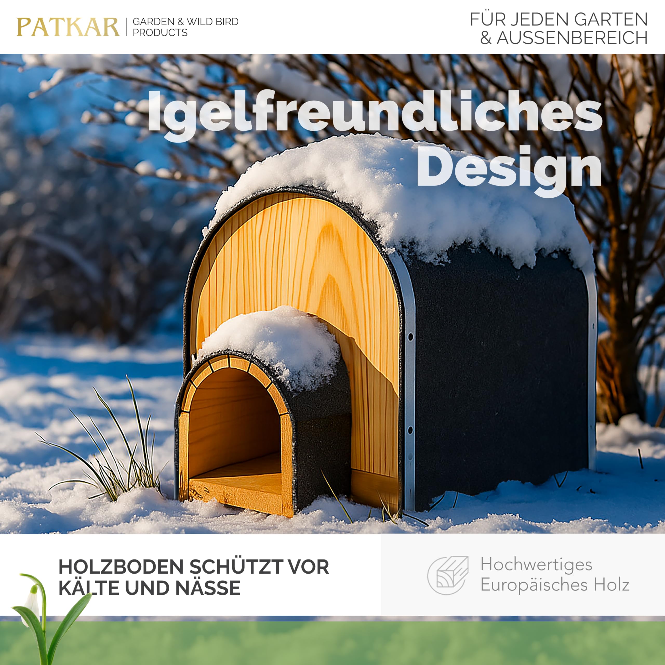 PATKAR Igelhaus Winterfest mit Boden [SCHÜTZT VOR FRESSFEINDEN] - Premium Igelfutterhaus (Made in Europe) - Hochwertige Igelhäuser Igel Haus - Igel Schlafhaus Igel Futterhaus - Igelhotel (Natur)