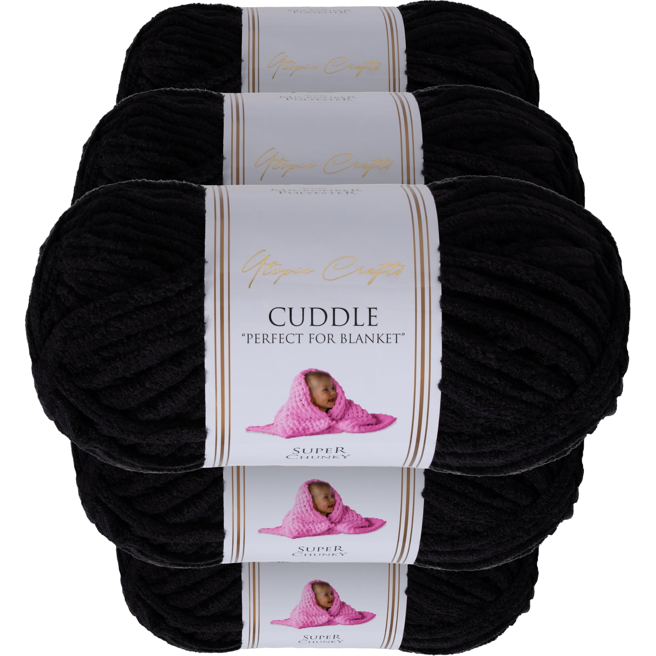 Utopia Crafts Cuddle Super Chunky Chenille Soft Yarn for Knitting and Crochet 5X 100g (Black)