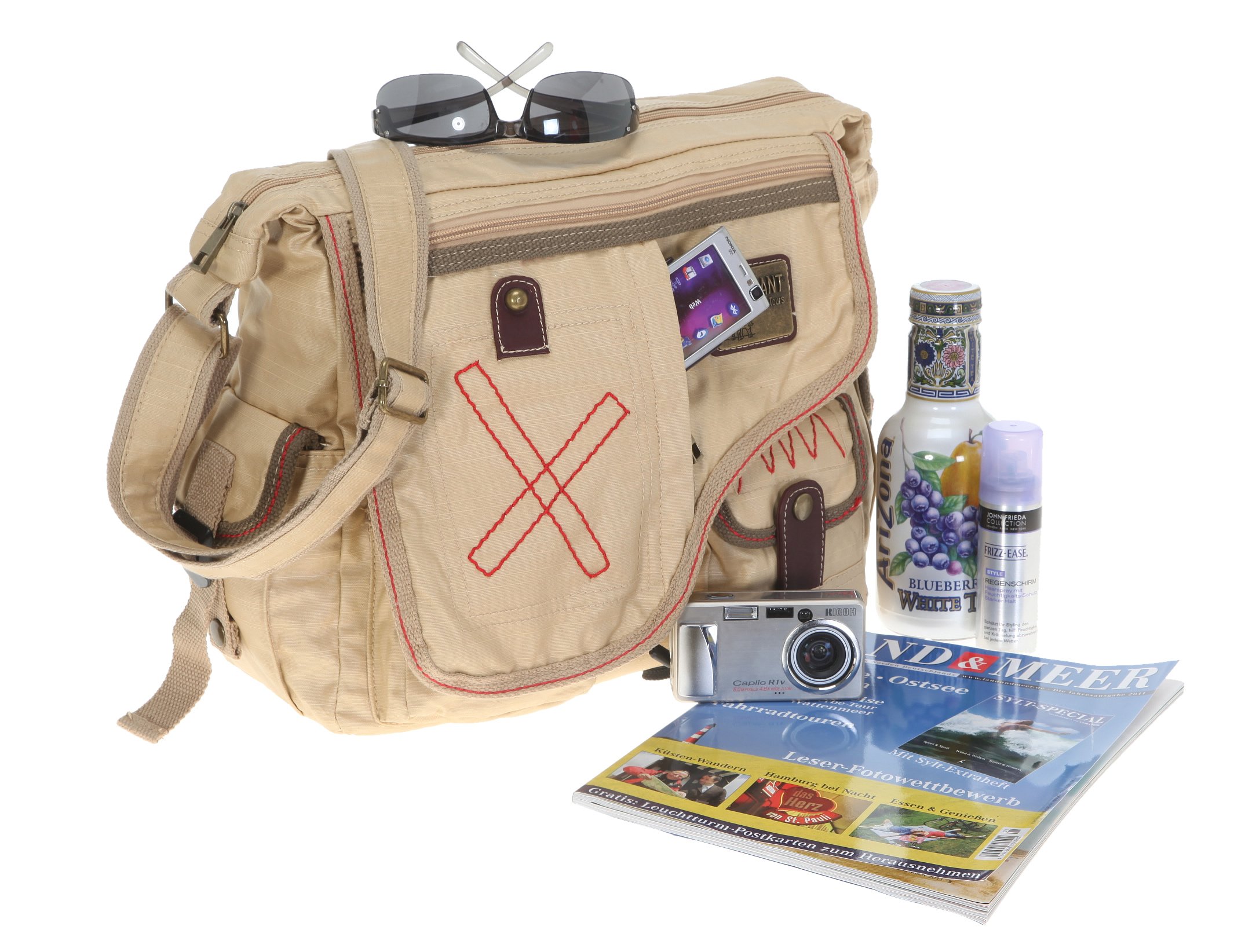 6 Teile Set: Wickeltasche ELEPHANT COATED Schultertasche + Wickelmatte + WIndelsafe + Kinderwagenfix (Sand)