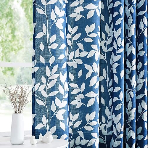 Treatmentex White and Blue Curtains for Bedroom 72" Length Semi-Sheer Print Leaf Curtains for Living Room Windows, Deep Blue Grommet Top, 2 Pack