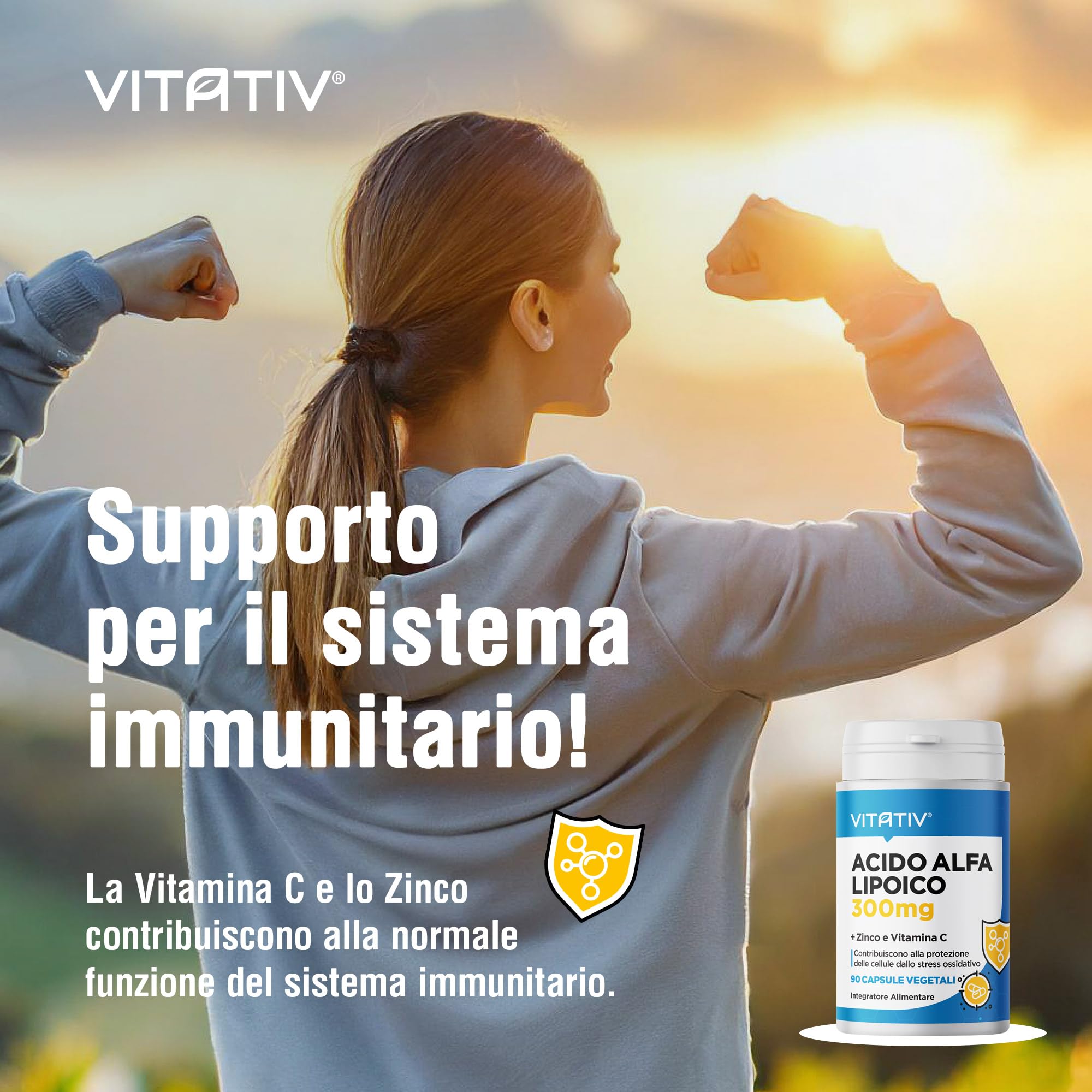 VITATIV Acido Alfa Lipoico ALA 300mg + Vitamina C e Zinco | Antiossidante | 90 Capsule Vegetali | Made in Italy