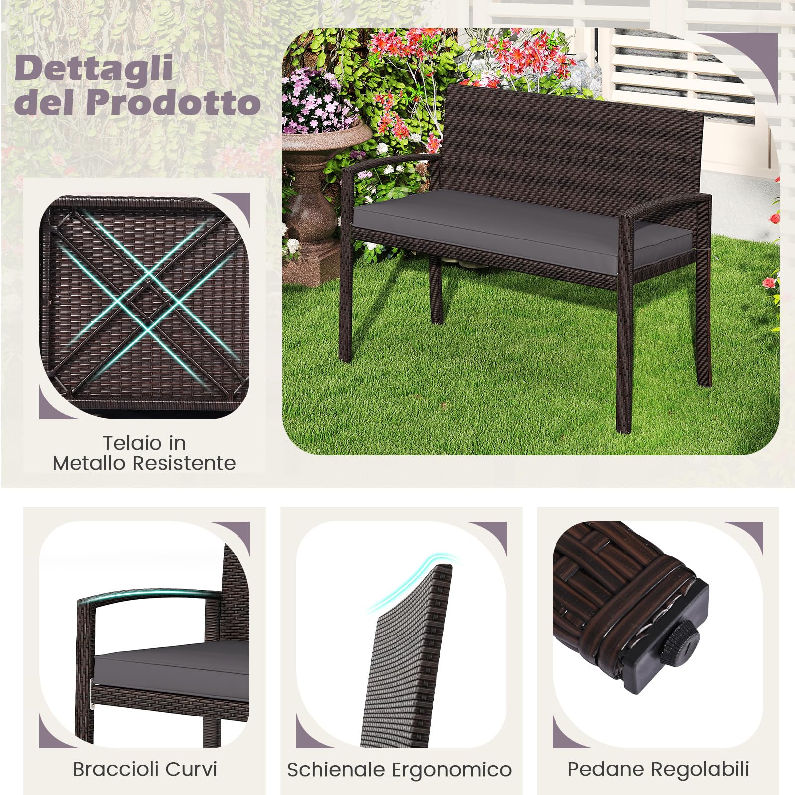 COSTWAY Panchina da Esterno in Rattan PE 110 x 56 x 84 cm, Panchina da Giardino con Morbido Cuscino, Schienale e Braccioli, Poltrona per Veranda, Balcone e Ingresso (Grigio)