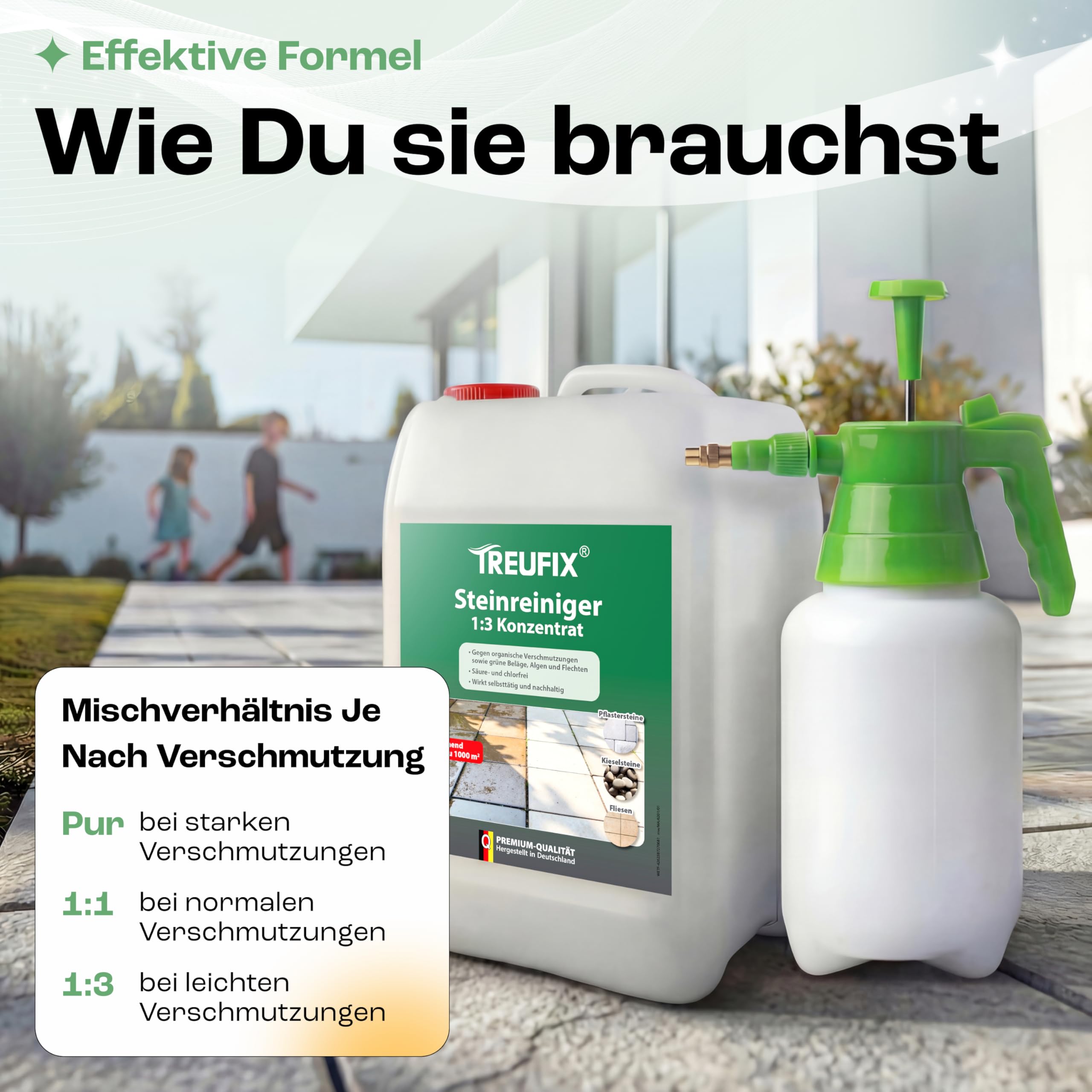 Treufix Steinreiniger Konzentrat 5L für Pflastersteine & Terrasse | Profi Steindusche Hof & Wege kraftvolle Reinigung gegen Schmutz, Algen, Grünbelag & organische Verschmutzungen – Made in DE