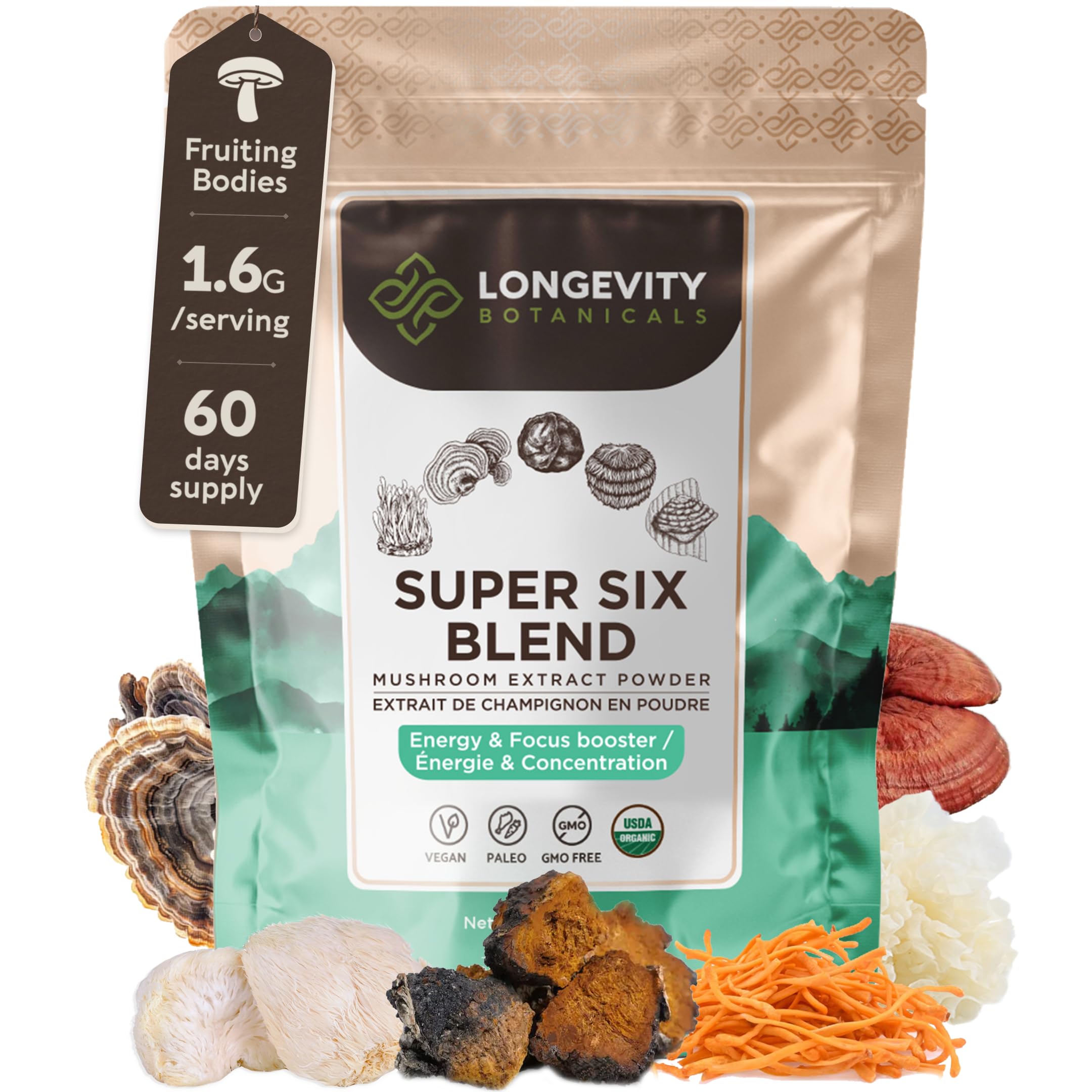 Organic Super Six Powder Mushroom Blend Supplement 100g | Fruiting Body Extract Complex | Lions Mane, Turkey Tail, Cordyceps, Reishi, Chaga & Tremella | 35% Beta-D Glucans | Overall Wellness Support