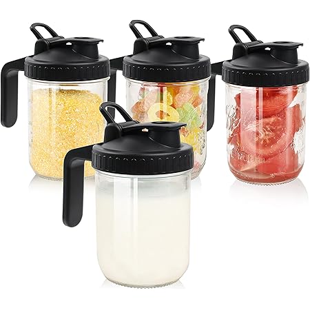 LIVEBAY Mason Jar Pour Spout Lids Wide Mouth with Handle Plastic 4 Pack Flip Cap Drinking Lids Bulk Reusable with Leak-proof Airtight Seal Black (Jar Not Included )