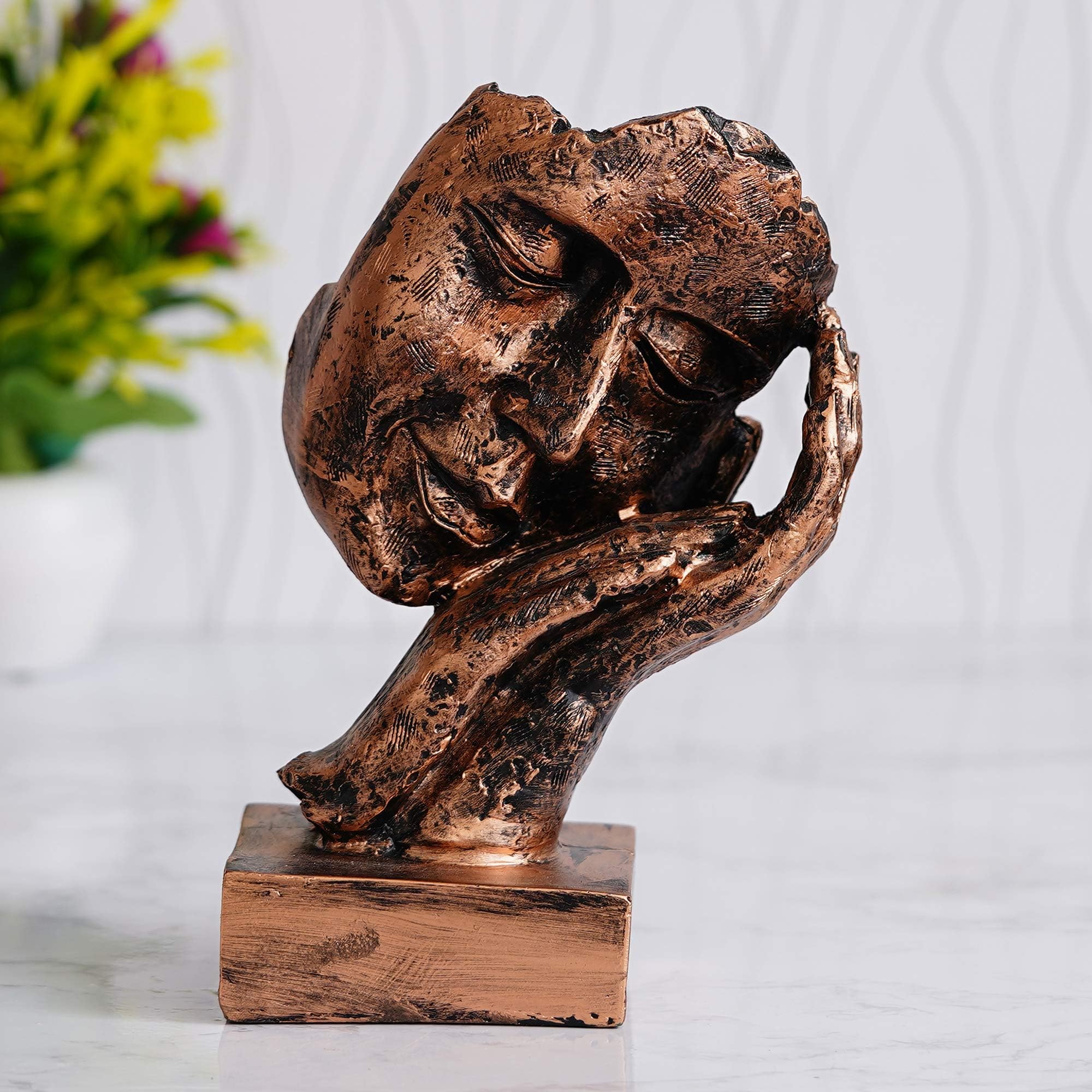 Poly Resin Human Face Sculptures Showpieces Creative Traditional Idea with Modern Theme Abstract Design Art Figurines for Home Living Room Decorative Display (8.00 in, Copper)