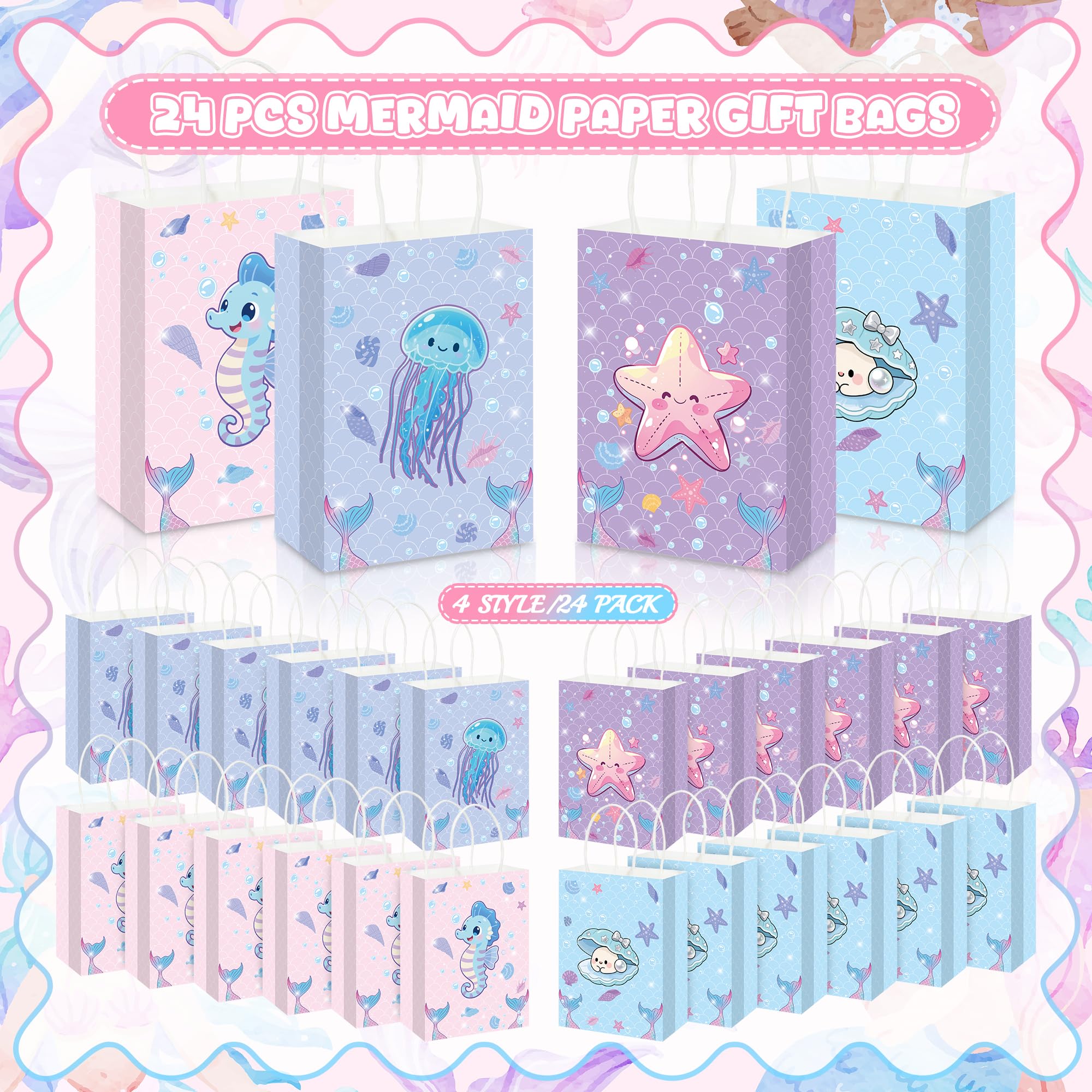Pineraap 24Pcs Ocean Animals Party Favor Bags with Handles, Mermaid Gift Goodie Treat Paper Bags, Under the Sea Theme Gift Paper Bag for Girls Boys Kids Birthday, Mermaid Theme Party, Baby Shower