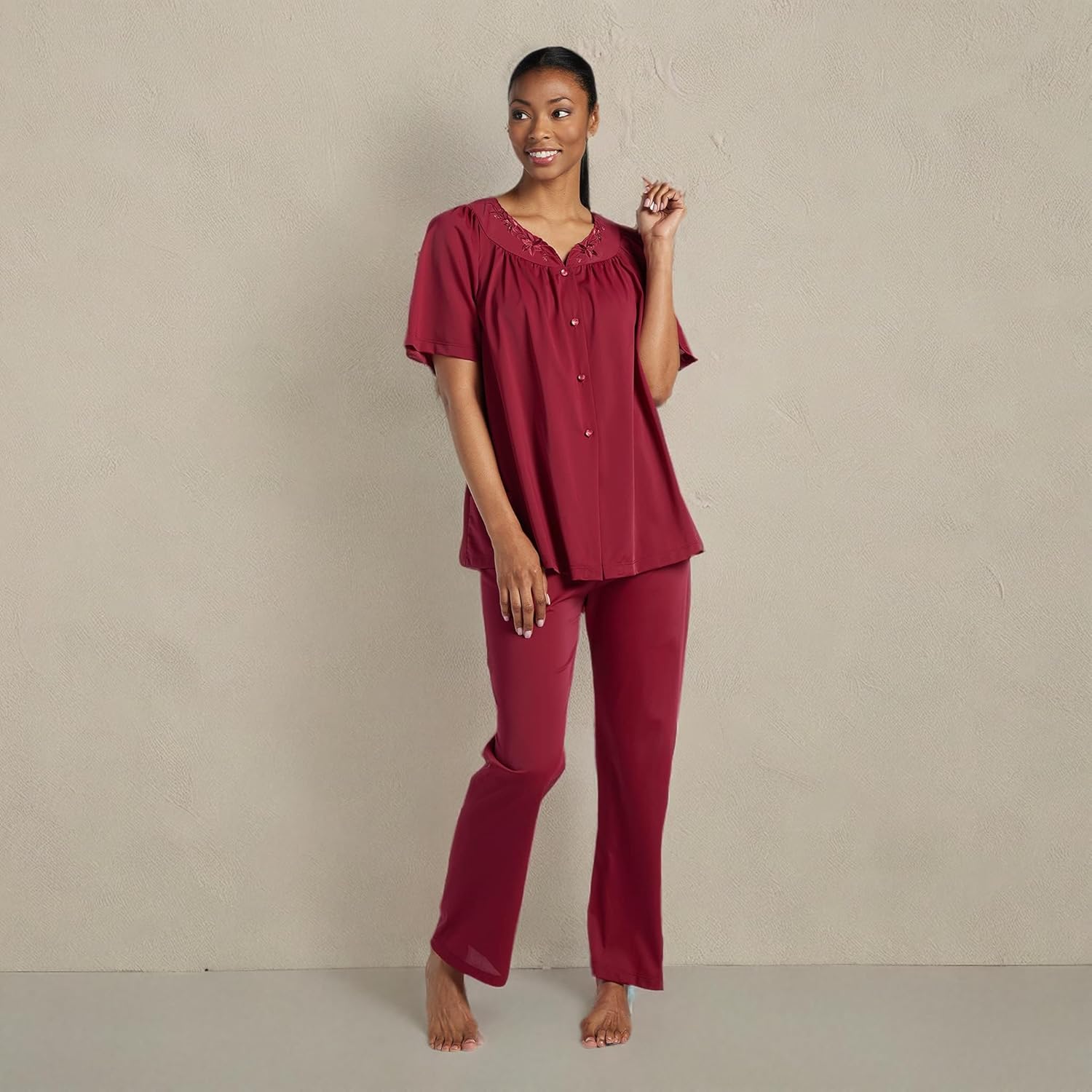 Miss Elaine PJ Set - Women's Nylon Tricot Pajama Set, Short Sleeves, Round Neckline with Embroidered Trim, Button Front Top - Image 3
