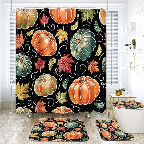 ArtSocket Juego de baño de calabaza y arce con cortina de ducha y accesorios de alfombras, juego de cortina de ducha de calabaza de Acción de
