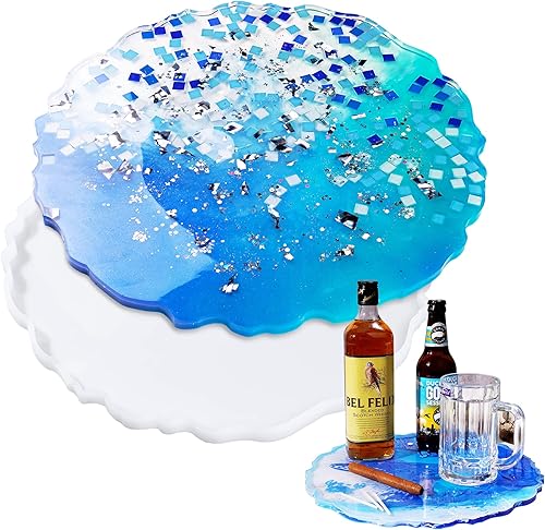 NiArt Bandeja redonda grande con bordes irregulares de 13.4 pulgadas, molde de silicona de fundición de resina epoxi, bandeja rodante para