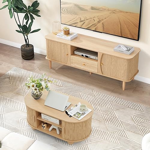 Miniatura 13 de Soporte de TV, mesa consola multimedia con puerta corredera y compartimento de almacenamiento, centro de entretenimiento moderno con almacenamiento
