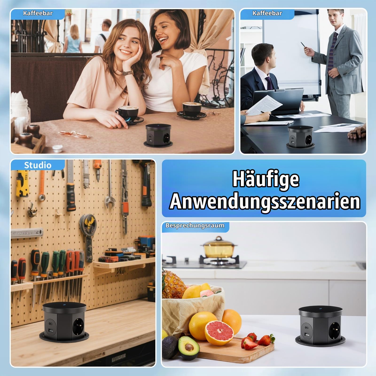 Versenkbare Steckdose, Tischsteckdose mit 15W Kabellosem Ladegerät,1 USB C, 1 USB-A, für Büro Küche Tischsteckdosenleiste, 1.5m Kabel, D 120mm